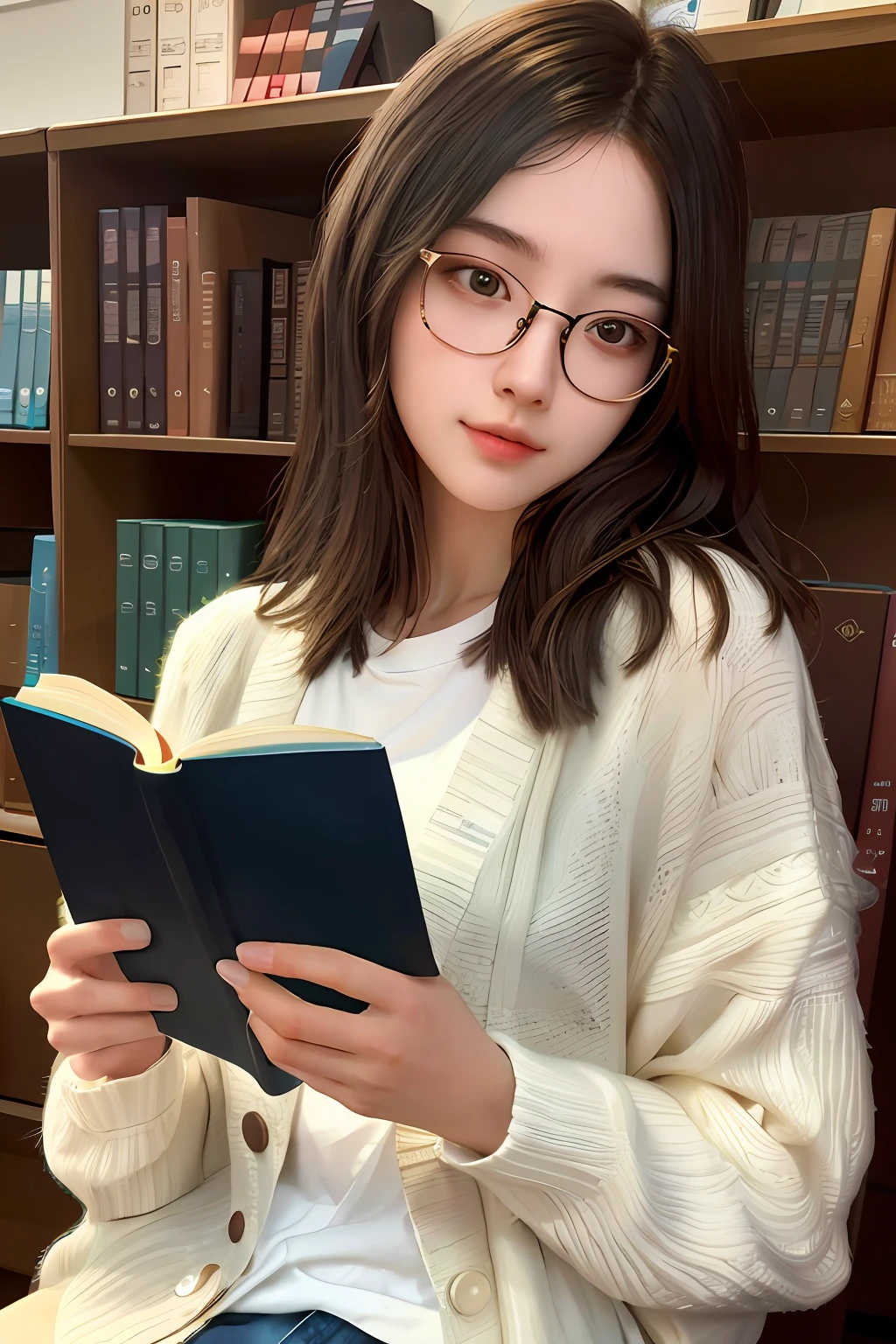 masterpiece, best quality, extremely detailed CG unity 8k wallpaper,
a beautiful girl, reading a book,
university student, glasses,
library, detailed background,