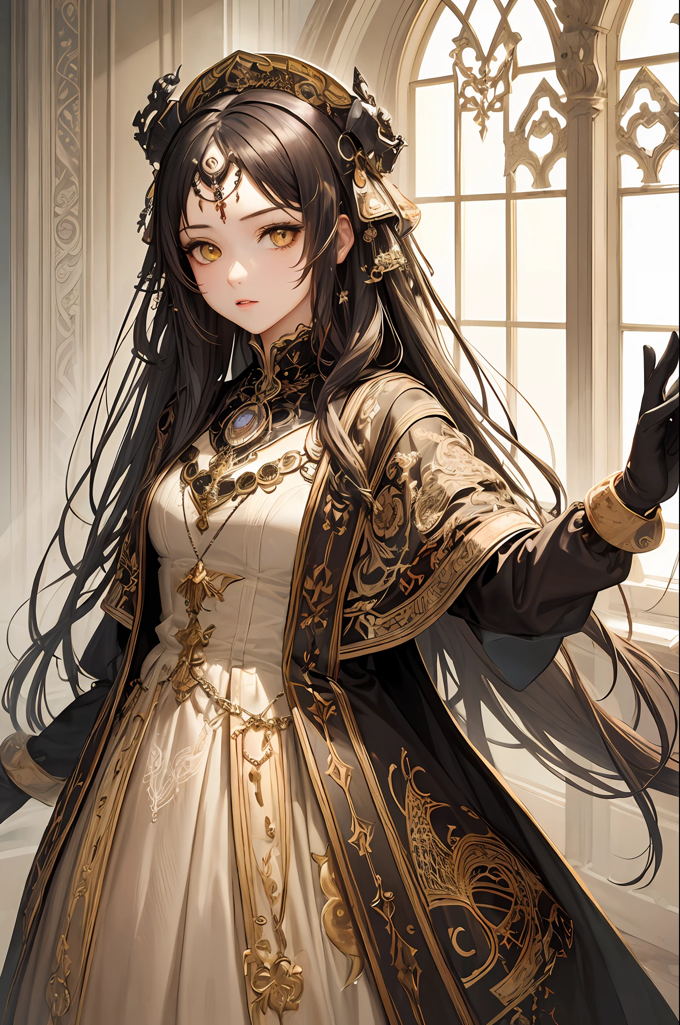 (masterpiece, top quality, best quality, official art, beautiful and aesthetic:1.2), (1girl), extreme detailed,(fractal art:1.3),colorful,highest detailed, young girl, medieval underware, indoor, yellow eyes, incredible shadows, high detail background,
