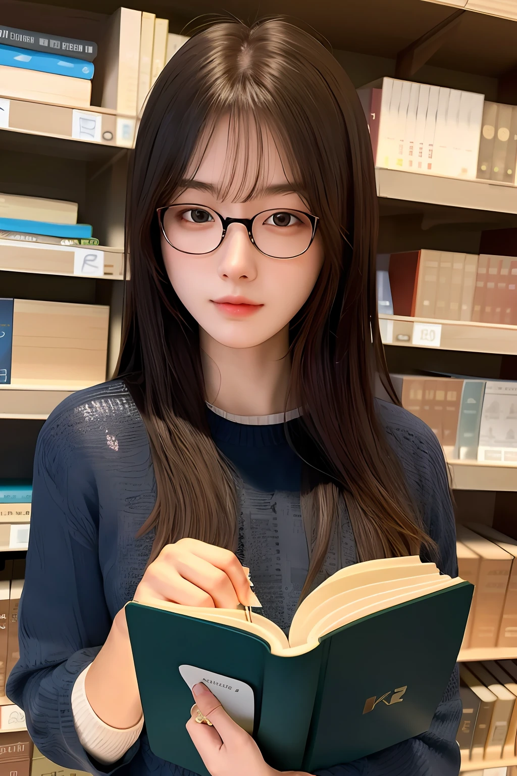 masterpiece, best quality, extremely detailed CG unity 8k wallpaper,
a beautiful girl, reading a book,
university student, glasses,
library, detailed background,
