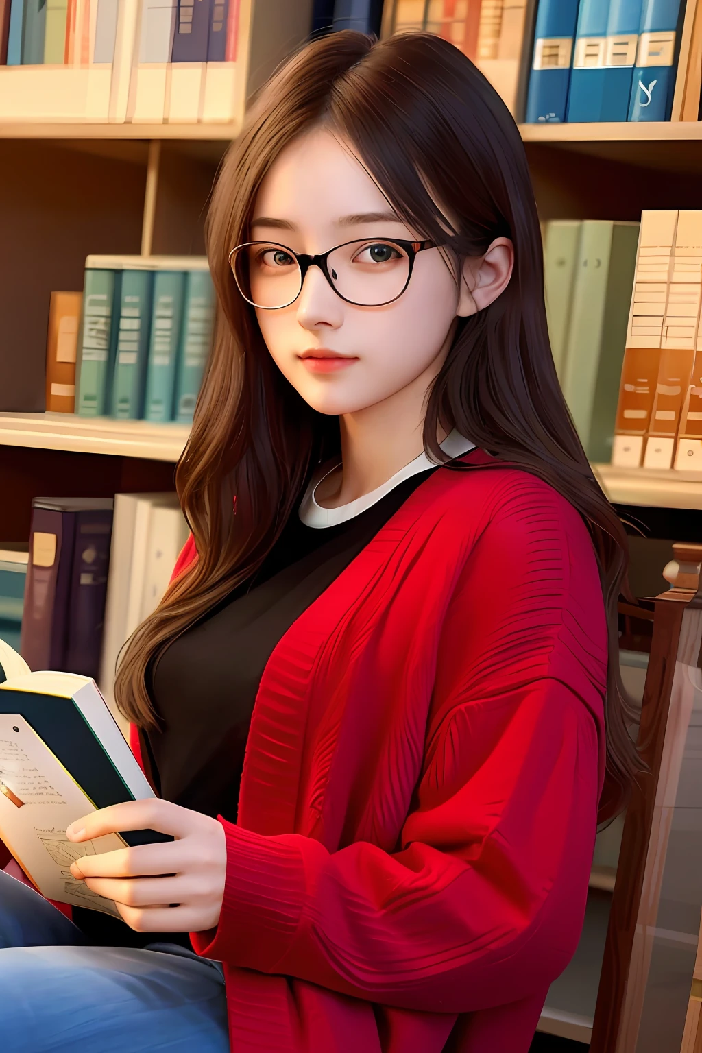 masterpiece, best quality, extremely detailed CG unity 8k wallpaper,
a beautiful girl, reading a book,
university student, glasses,
library, detailed background,