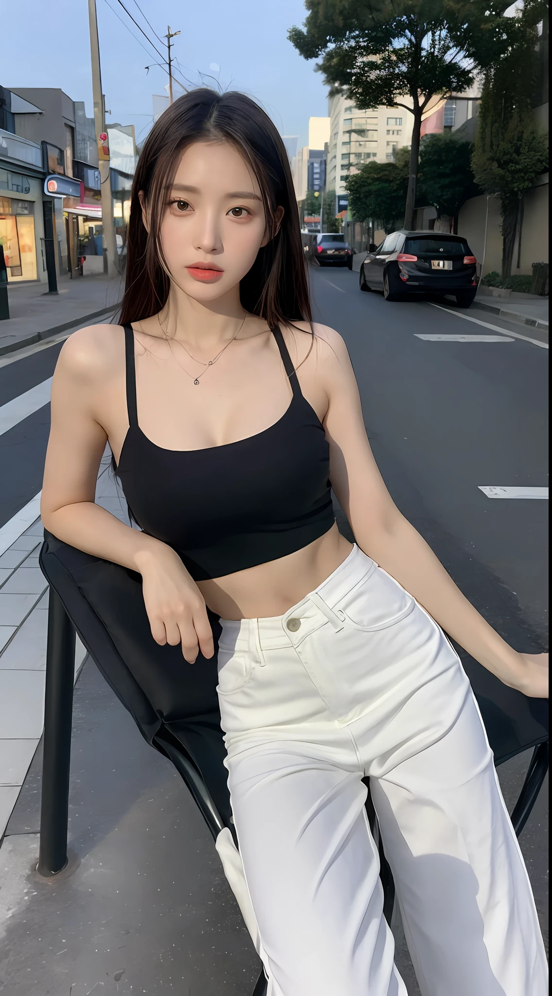 ((best qualtiy, 8K, tmasterpiece:1.3)),Sit on a chair on the roof,nigth,wineglass, Gilet blanc,short jeans pants,Highly detailed facial and skin texture, A detailed eye, 二重まぶた,Whiten skin,with long coiled hair,Caramel colored hair,best qualtiy,tmasterpiece,超高分辨率,(realisticlying:1.4),RAW photogr,(perfect body type),Breast G cover,dynamicposes,1 Girl Japan,waist-up,独奏,in the darkness nigth,the night,Have on the street,deep shading,low tune,Cold light 12000K,
