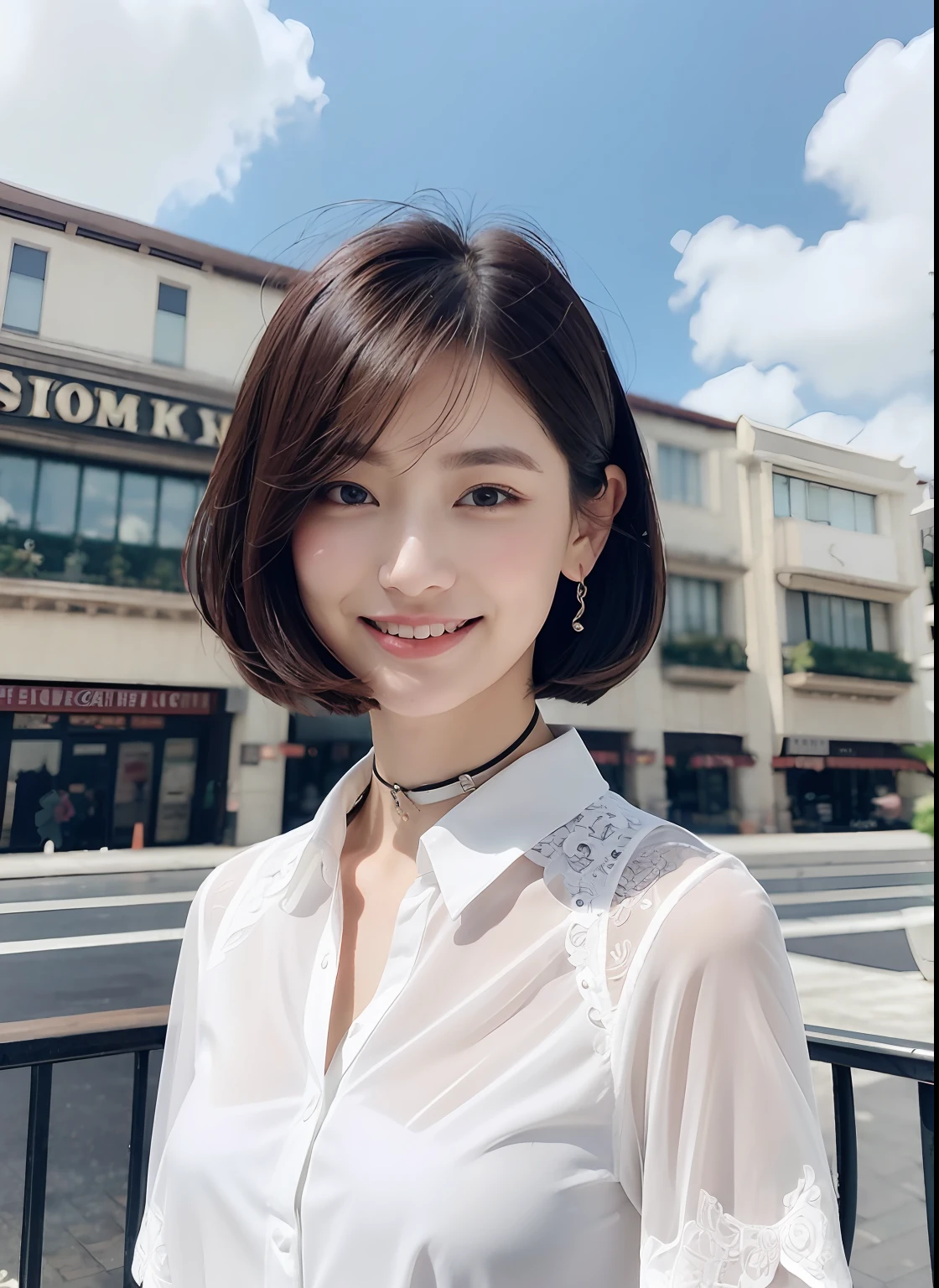 in 8K、top-quality、masterpiece:1.2)、(realisitic、Photorealsitic:1.37)、ultra-detailliert、女の子 1 人、cute little、Soio、Beautiful detailed sky、Detailed Cafe、sitting on、date、(Nasal blush)、 (A smile:1.15),(Closed),huge tit,Beautiful fineness,(shirt with collar:1.1),Wet,Business Wear,Sateen,White lace,(short-hair:1.2),Floating Hair NovaFrogStyle,