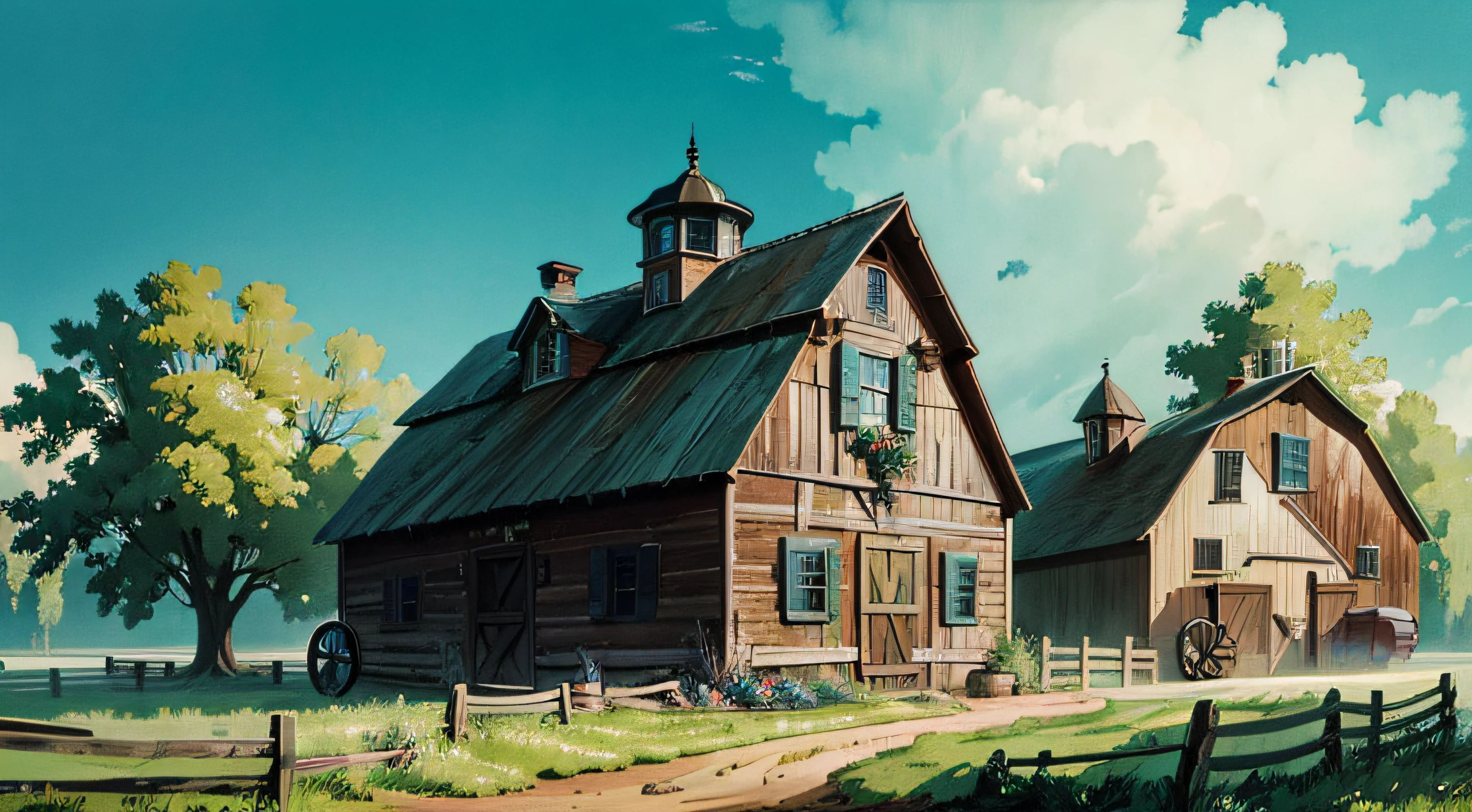 Best quality, masterpiece, European and American cartoon, large farm building, farm fence and crops, incredible design, super detail, epic composition, ultra hd, high quality, extremely detailed, official art, unified 8k wallpaper, 32k