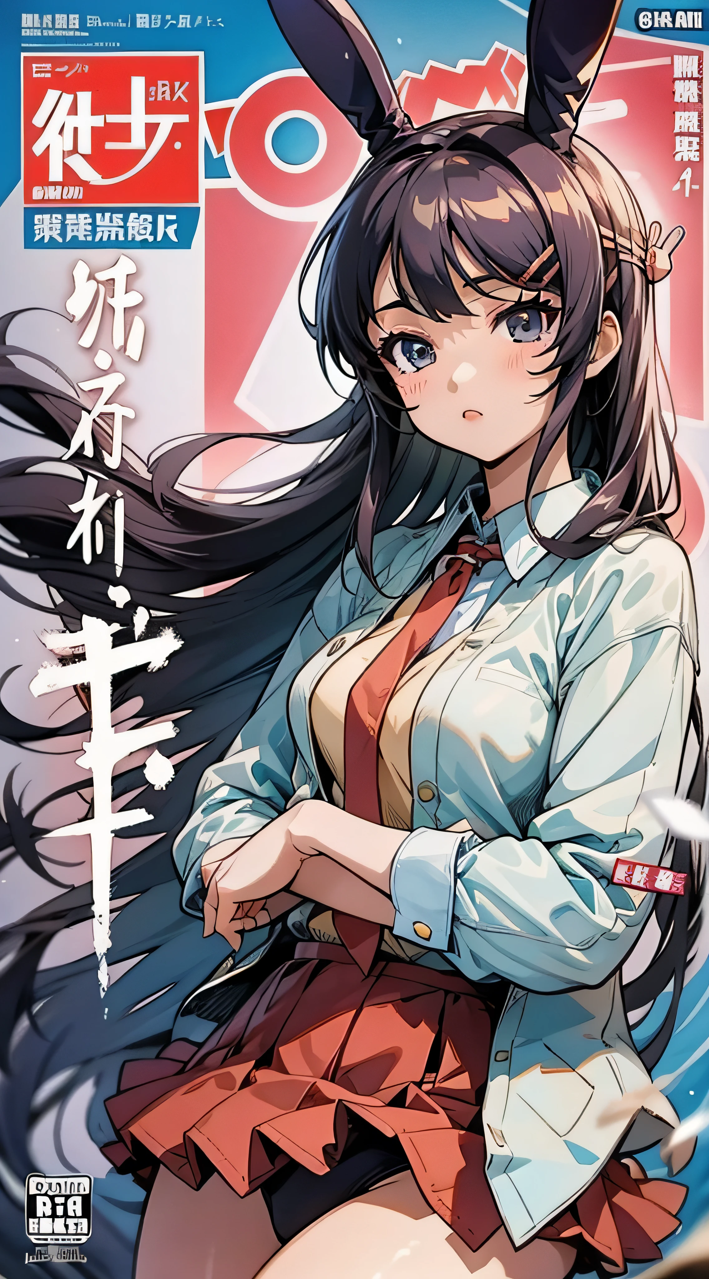 sakurajima mai,bunnygirl,校服,White shirt,red necktie,Ocean park,Comic cover style,Comic cover title,8K