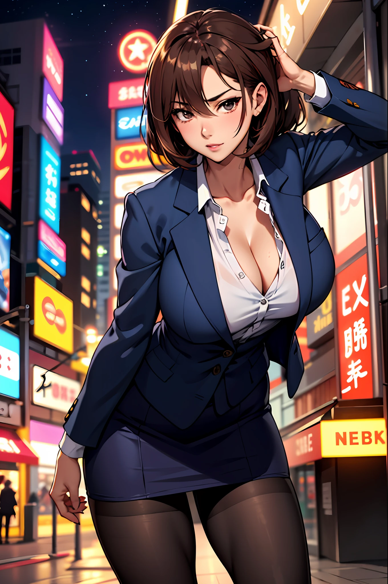 Bewitching anime big breasts woman in blue suit and tight skirt、Black tights,Inviting look、Show off your chest、Shirt and brown hair,Ecchi anime style,  bending forward,Kamimei,Red Light District at Night,neons、Bokeh in the background