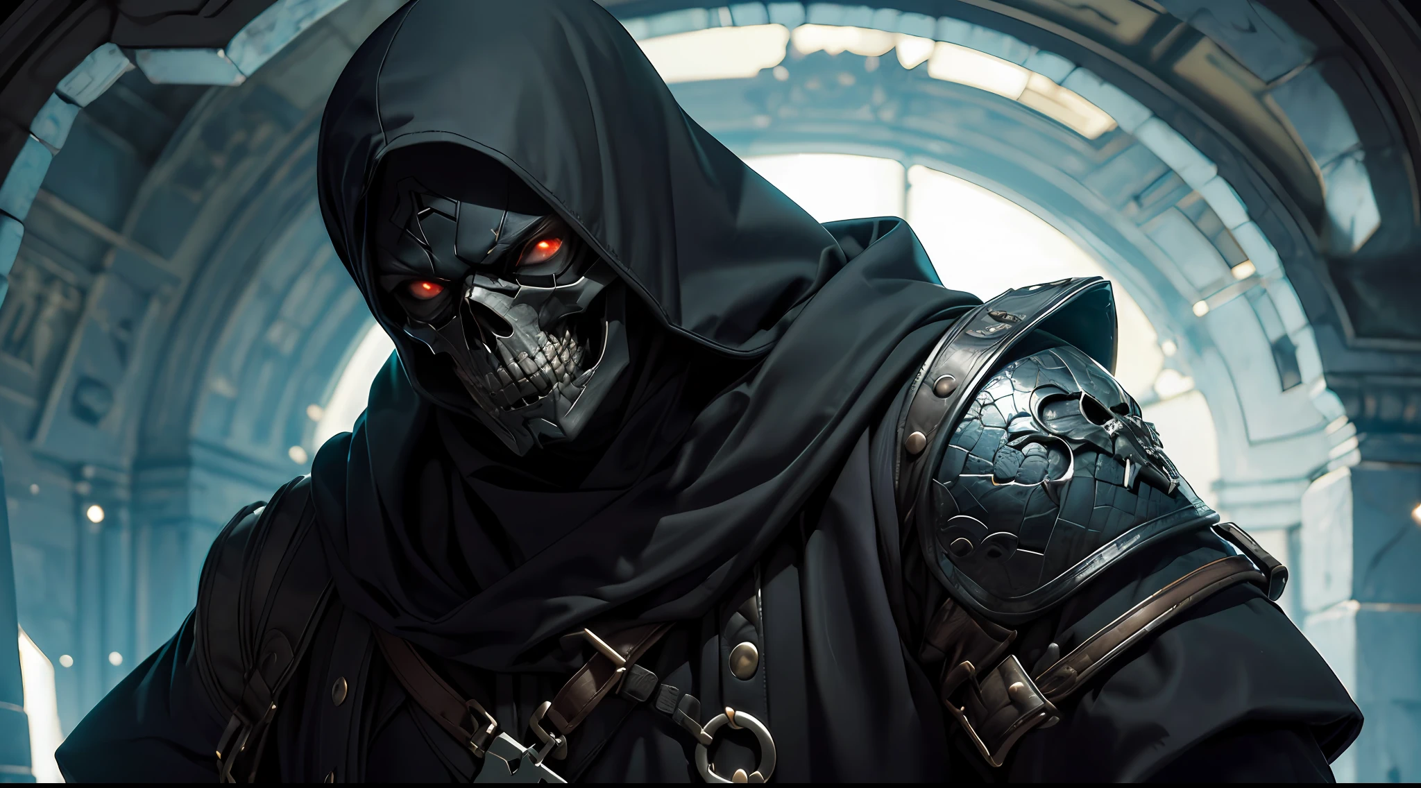 ((sozinho)), (((ceifador de almas assustador))), (((em seu covil macabro))), manto preto, esqueleto, ((sozinho)), capuz para cima, capa, parte superior do corpo, medieval, horror, skull face, dinamic pose, (((segurando uma foice)))
