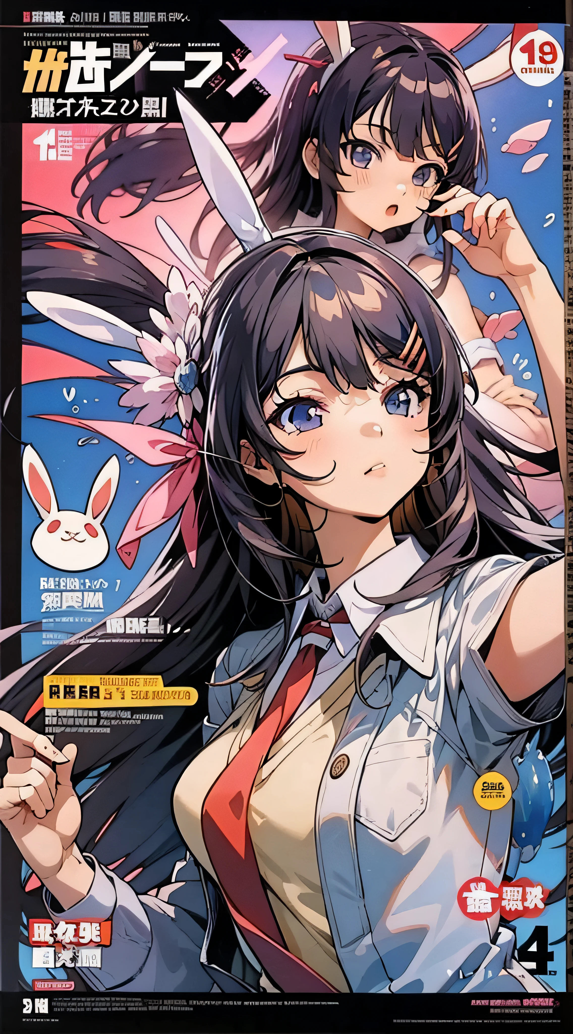 sakurajima mai,bunnygirl,校服，White shirt，red necktie，Ocean park，Comic cover style，Comic cover title,8K