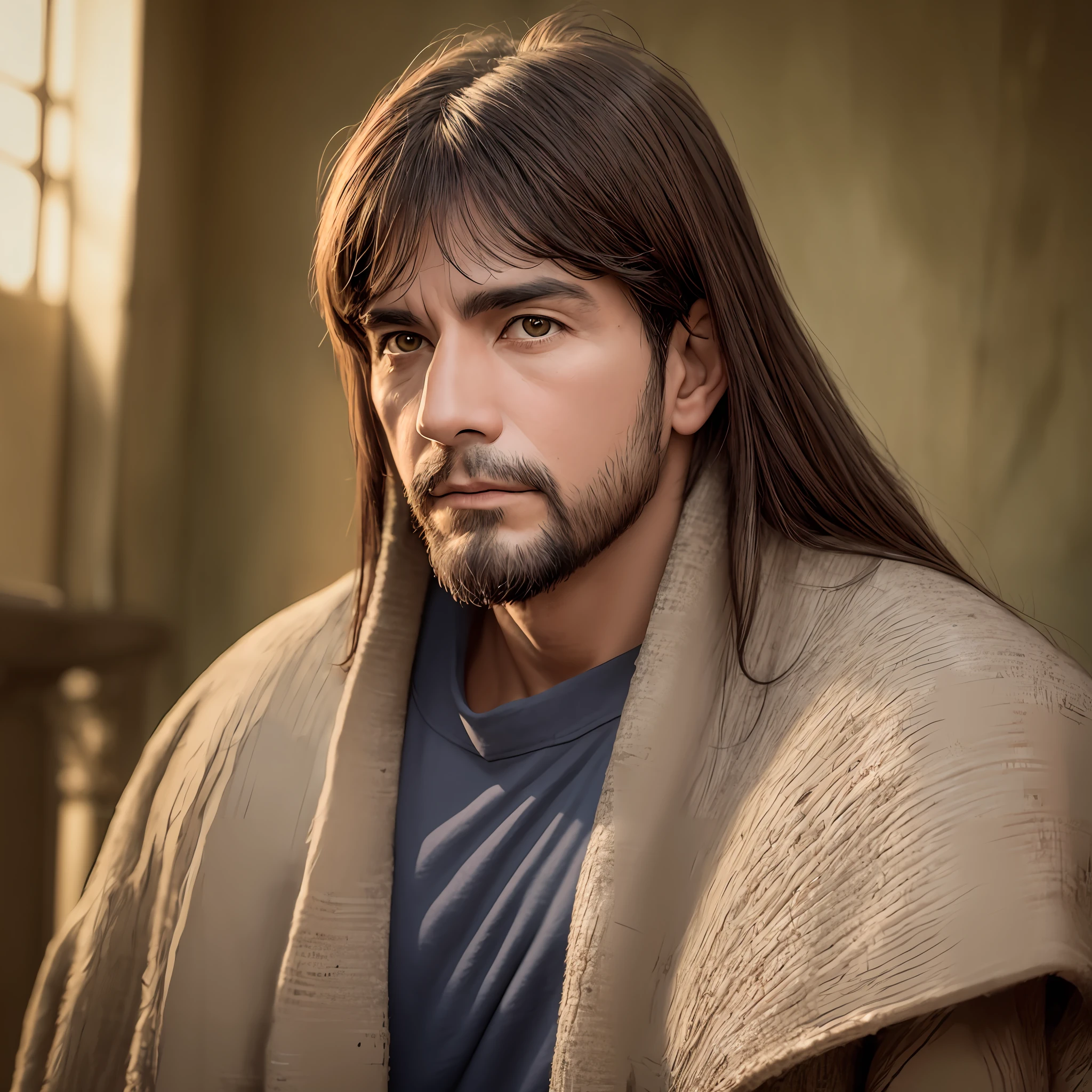 foto de Jesus, in biblical times Ambiente escuro foto realista, rosto completo, looking at the Camera, olhos tranquilos, rosto sereno e amoroso, olhar meigo, is with lights in the background, The whole environment is clear,
