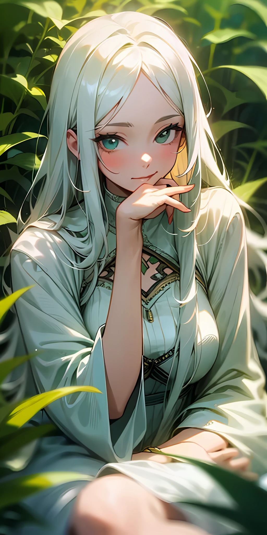 (masterpiece, best quality),1girl with long white hair sitting in a field of green plants and flowers, her hand under her chin, warm lighting, white dress, blurry foreground