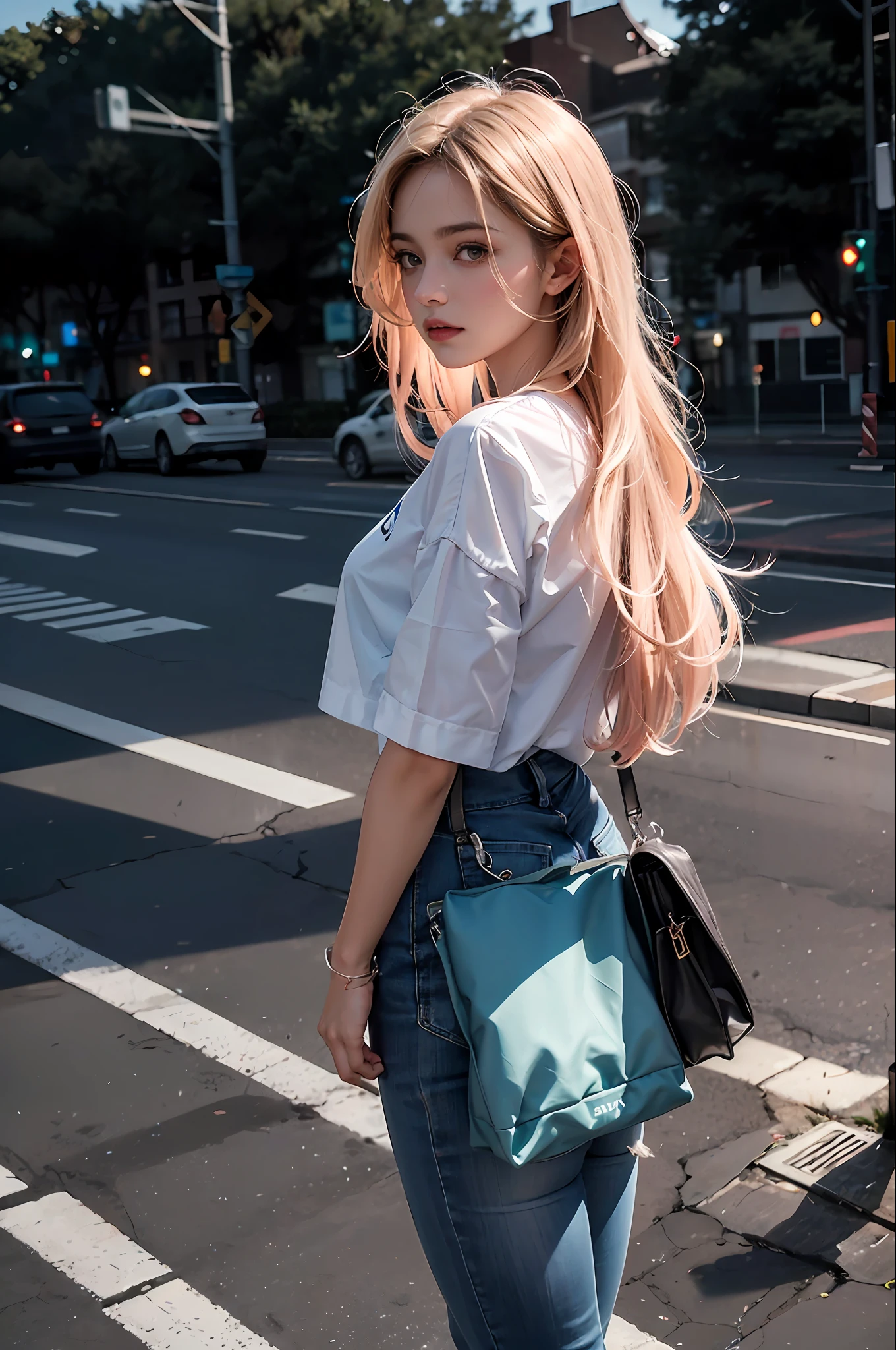 A 30-year-old woman stands on the side of the road waiting for a traffic light,(high-top fade:1.3),There are constantly pedestrians walking by,long whitr hair,dark themes,soothing tones,pastel colour,hight contrast,(Natural skin texture,ultra-realistic realism,the soft light,sharp),