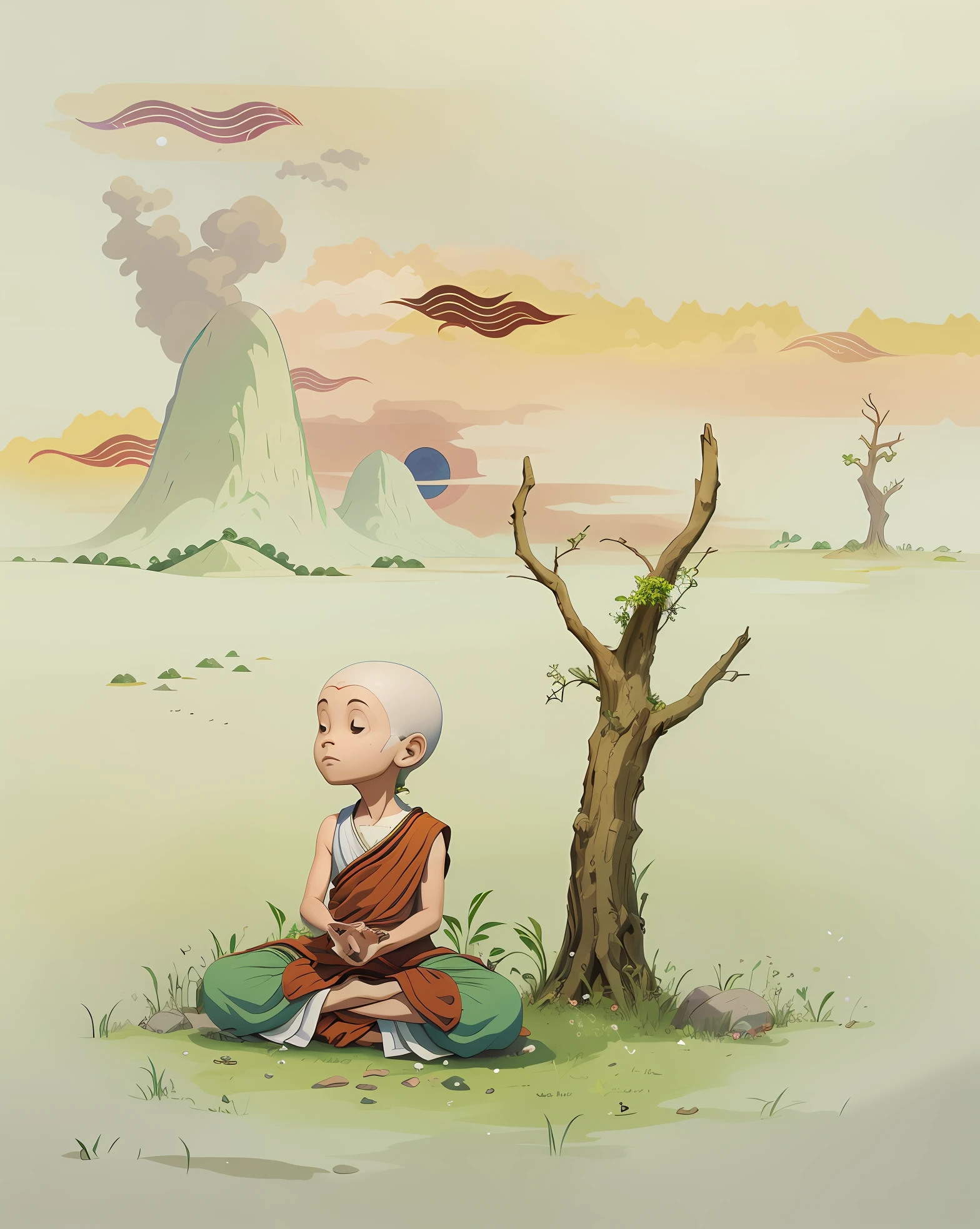 Draw a monk sitting in a field，There is a tree and flying a kite, aang, monk meditation, serene illustration, inspirado em Goro Fujita, avatar aang, concept art of a monk, A beautiful artwork illustration, Meditation, Meditating, inspired by Tosa Mitsuoki, Jumps, full-colour illustration, Buddhism, avatar landscape, um ciborgue meditando，Verism, Conceptual art, ray tracing, god rays, depth of field, ray tracing, film grain, Minimalism, Surrealism, Cubist Futurism, Renaissance, Minimalism, ray tracing, depth of field, god rays, film grain, retina, best quality, 8k, super detail, 16k, super detail, ccurate, textured skin, anatomically correct, retina