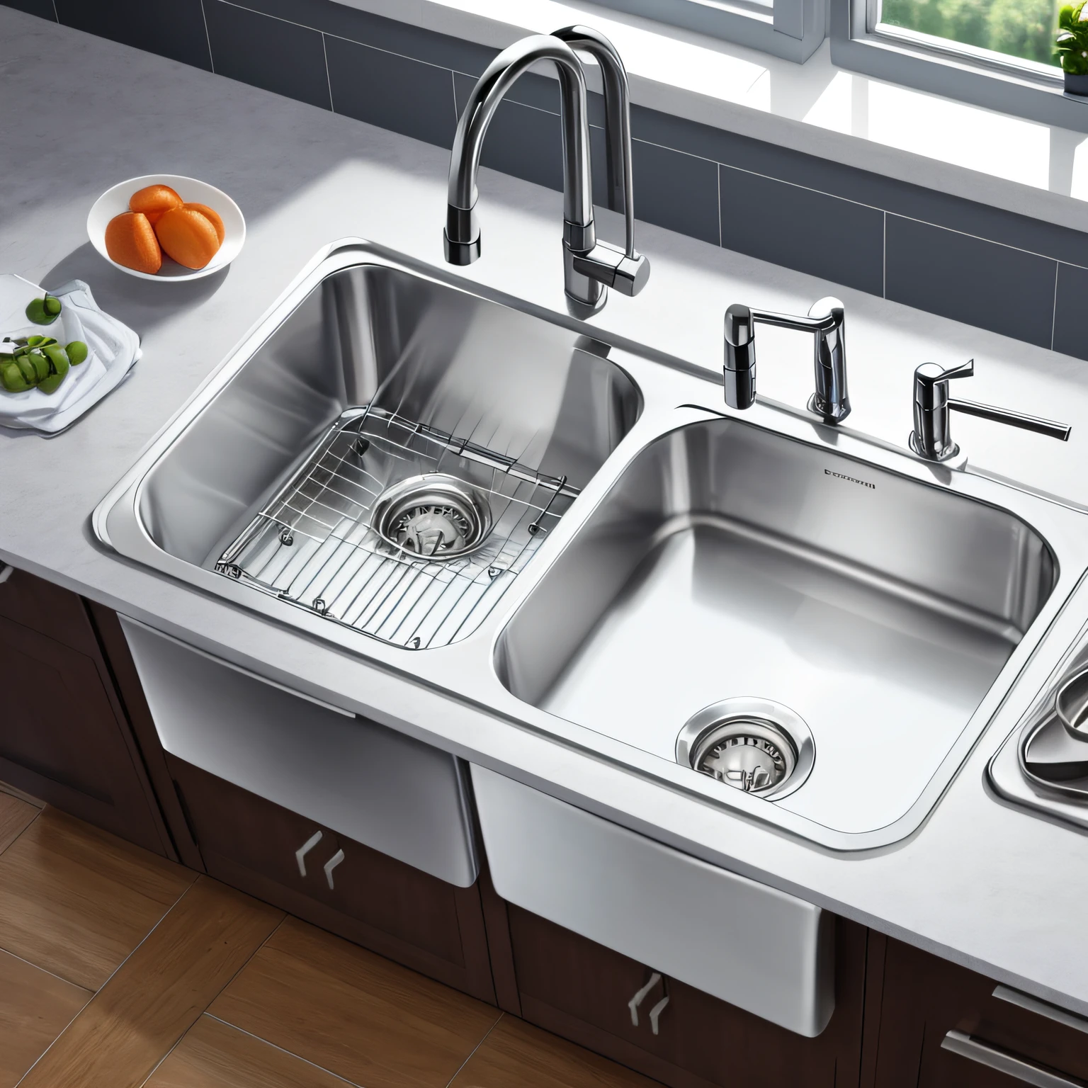 Kitchen scene 45 degree overhead Stainless steel sink close-up --auto