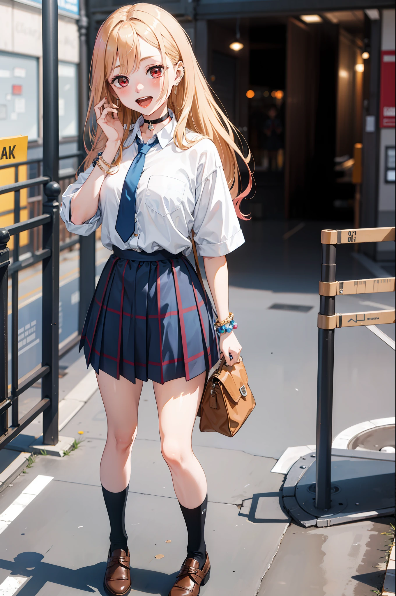 1girl,  Marin Kitagawa, long hair, blonde hair, red eyes, piercing, earrings, ear piercing, stud earrings, black choker, loose necktie,  school uniform, white collared shirt, (blue skirt:1.1), pleated skirt, plaid skirt, bead bracelet, wrist scrunchie, long fingernails, open mouth, smile, black socks, brown footwear,, (masterpiece:1.2), highres, best quality, 8k, very clear,