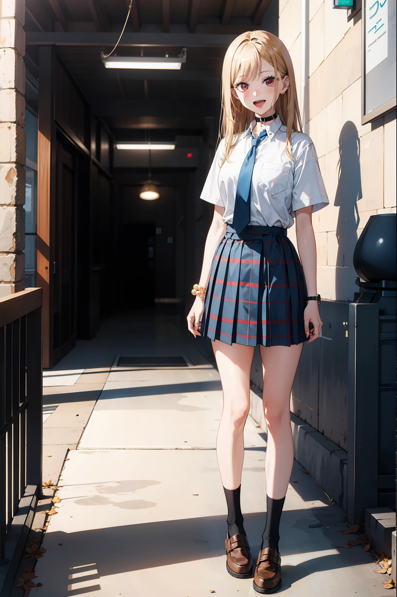 1girl,  Marin Kitagawa, long hair, blonde hair, red eyes, piercing, earrings, ear piercing, stud earrings, black choker, loose necktie,  school uniform, white collared shirt, (blue skirt:1.1), pleated skirt, plaid skirt, bead bracelet, wrist scrunchie, long fingernails, open mouth, smile, black socks, brown footwear,, (masterpiece:1.2), highres, best quality, 8k, very clear,