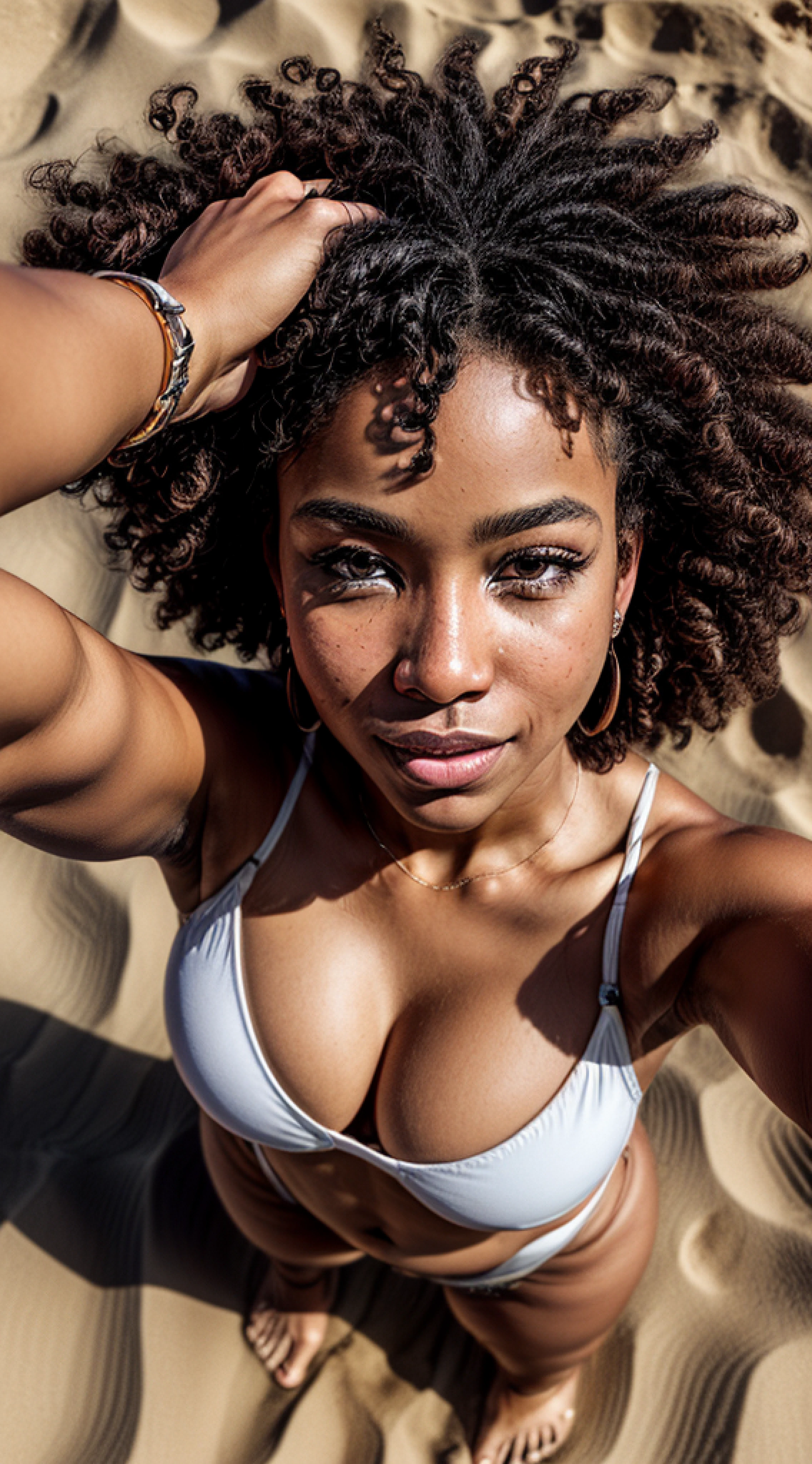 (selfie shot, from above:1.5), (half body portrait:1.4), (from behind:1.05), RAW uhd portrait photo of a 21-year-old brazilian ebony woman, (flawless face), cute face, chubby face, sunburnt ebony skin, small untied bikini with colorful flower print, (extreme long light afro curly hair), jade eyes, detailed skin pores, oiled skin, tan, intricate eye detail, (big cheeks), natural breasts_dd, unbalanced breasts, (cleavage), detailed (textures!, hair!, shine, color!!, imperfections:1.1), highly detailed glossy eyes, (looking at the camera), specular lighting, beautiful knees, dslr, ultra quality, sharp focus, tack sharp, dof, film grain, (centered), Fujifilm XT3, crystal clear, center of frame, sharp focus, beach sand, bokeh, (dimly lit), low key, at night, (night sky), barefoot on the white sand