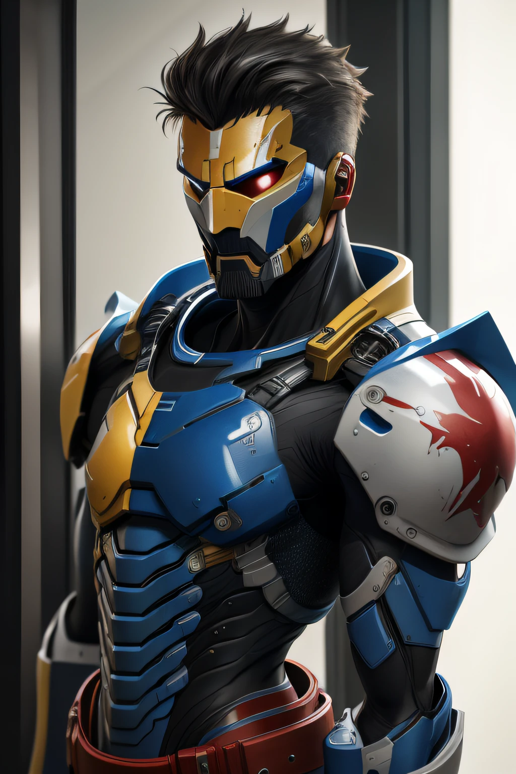 masterpiece, best quality,1boy,armorsuit,upper body, looking at viewer, Honolulu Blue armor,