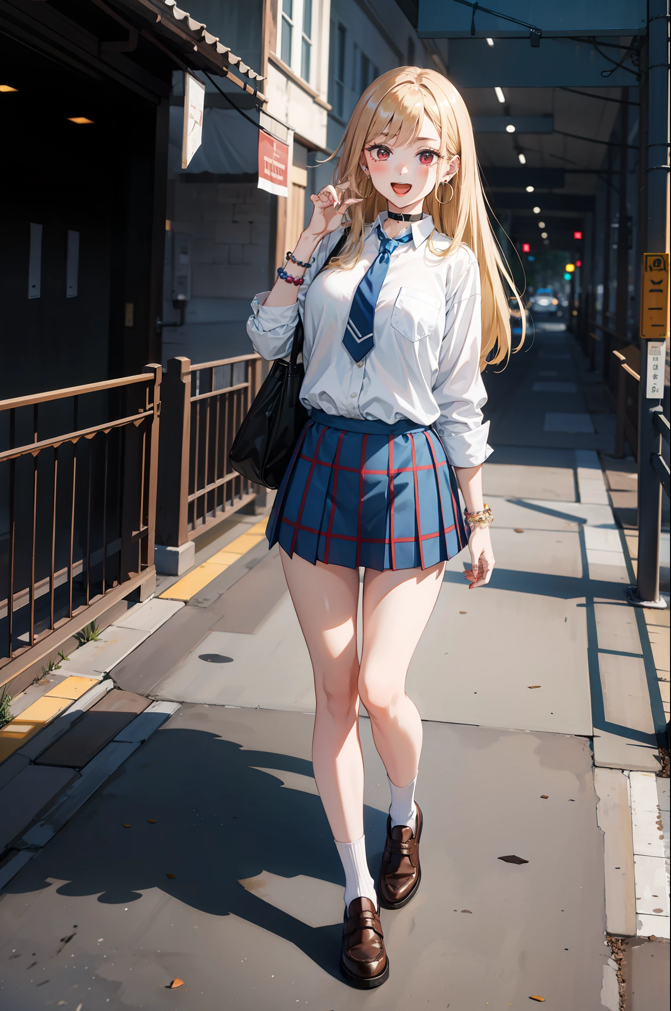 1girl,  Marin Kitagawa, long hair, blonde hair, red eyes, piercing, earrings, ear piercing, stud earrings, black choker, loose necktie,  school uniform, white collared shirt, (blue skirt:1.1), pleated skirt, plaid skirt, bead bracelet, wrist scrunchie, long fingernails, open mouth, smile, black socks, brown footwear,, (masterpiece:1.2), highres, best quality, 8k, very clear,