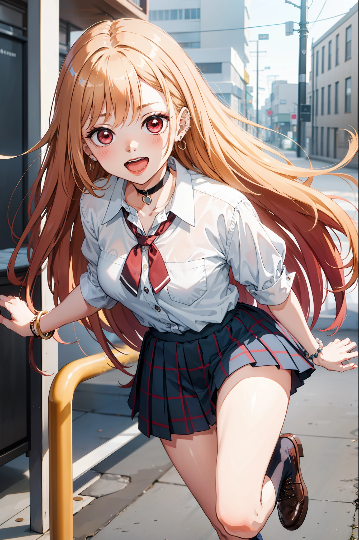 1girl,  Marin Kitagawa, long hair, blonde hair, red eyes, piercing, earrings, ear piercing, stud earrings, black choker, loose necktie,  school uniform, white collared shirt, (blue skirt:1.1), pleated skirt, plaid skirt, bead bracelet, wrist scrunchie, long fingernails, open mouth, smile, black socks, brown footwear,, (masterpiece:1.2), highres, best quality, 8k, very clear,