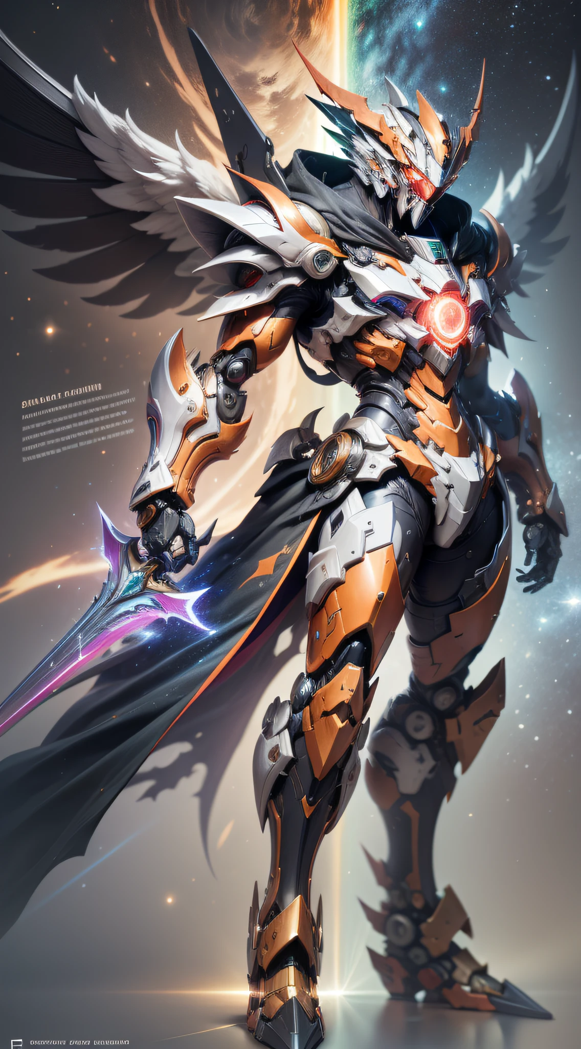 Gundred，Color scheme of the rainbow, Cosmic galactic background, Front view, Ultra HD, Mechanical parts with a lot of details, Upper body diagram, Mechanical wings with angular corners, Game style，Cloak，Weapon in hand，Handsome pose，Soft appearance