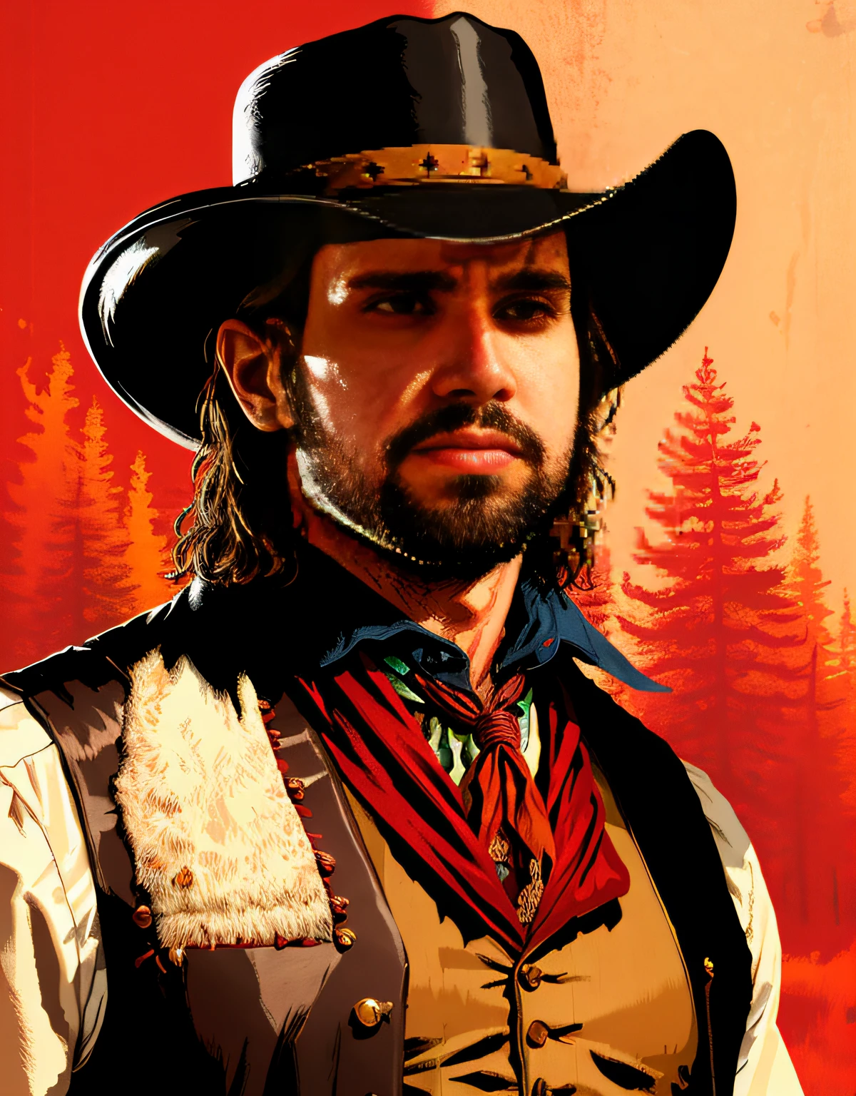 R3DD34Dstyle, digital portrait, john marston, facial hair, cowboy hat, vest, sponsorship, red background