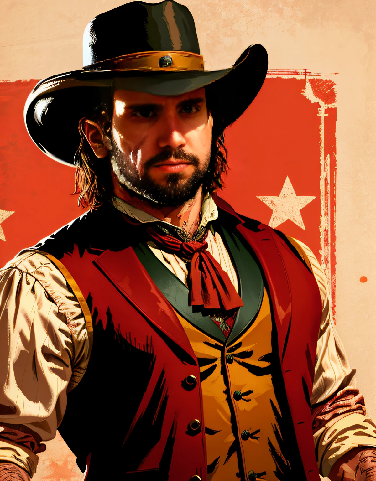R3DD34Dstyle, digital portrait, john marston, facial hair, cowboy hat, vest, sponsorship, red background