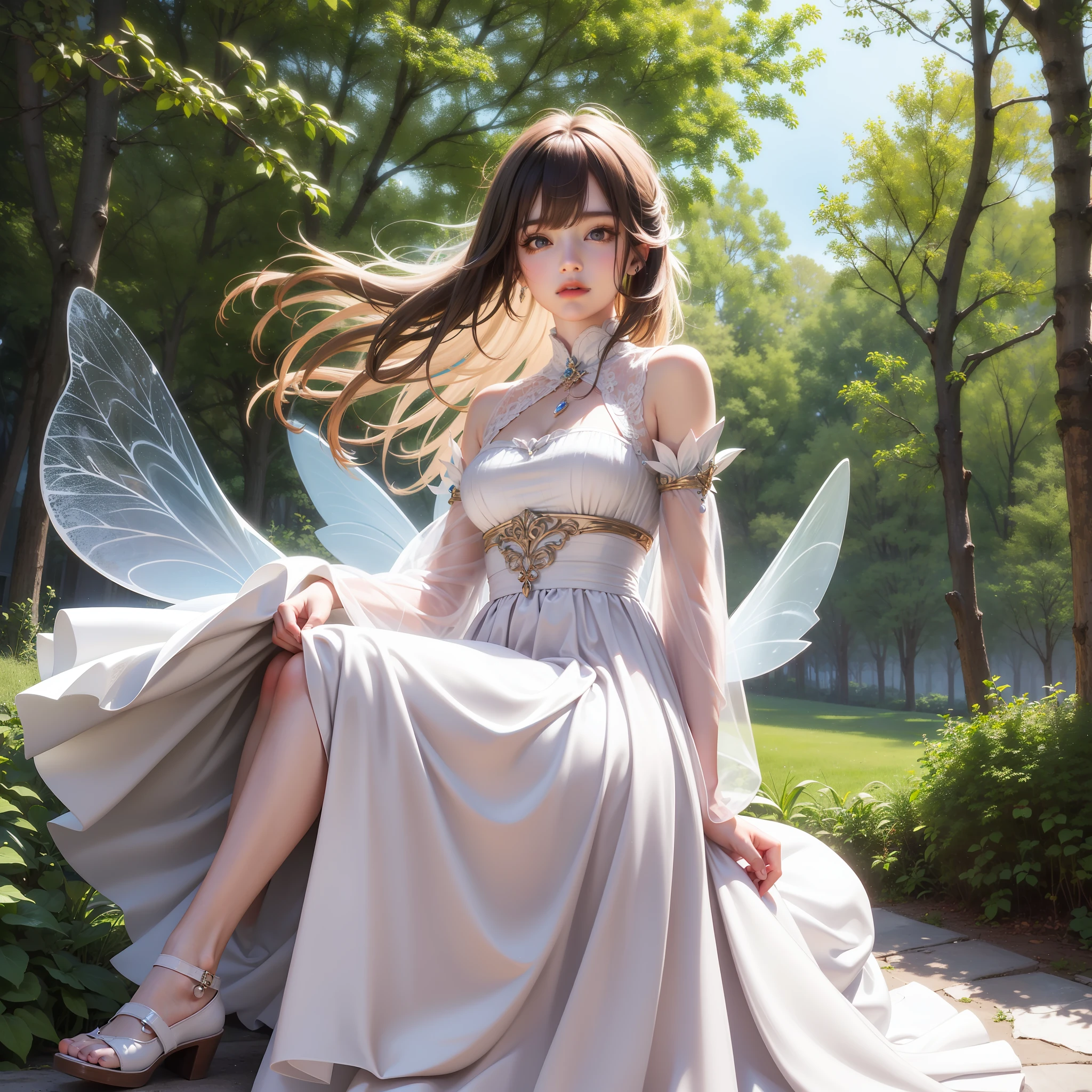 ((high quality)), ((masterpiece)), 8k, extremely detailed CG unity 8k wallpaper, light pink lips, looking at viewer, trees, white skin, light brown hair, long hair, mystery, fairy, levitation, butterflies, warm, brown eyes, sitting in the house, house with many trees, long white dress, thin skirt, dreamy, realistic lighting, backlight, face lights, ray tracking, fine detailed eyes, detailed face, fine quality eyes, look like princess, fairy, narrow space, hair blowing in the wind, skirts fluttering, focus on trees