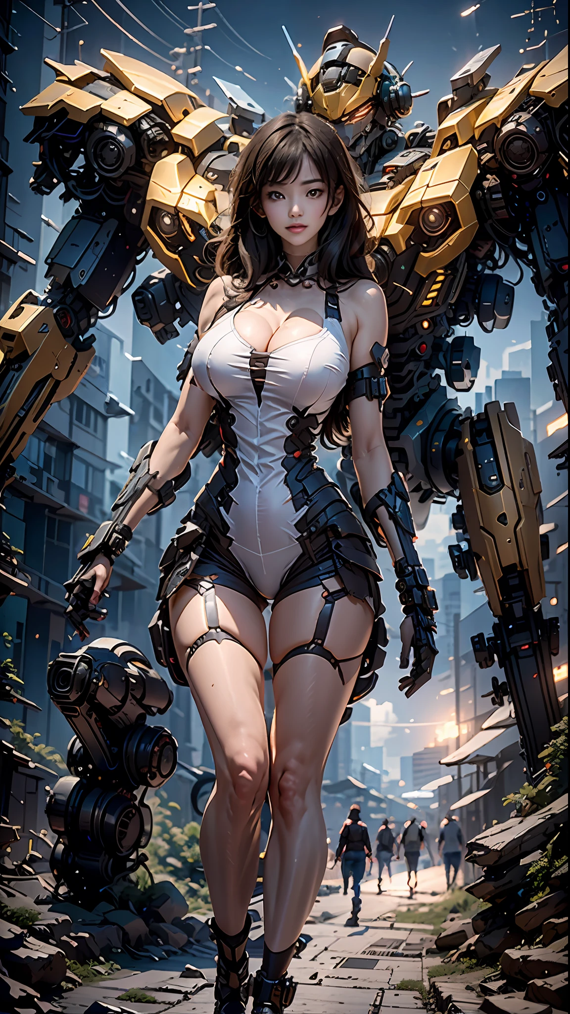 ((Melhor Qualidade)), ((Obra-prima)), (Muito Detalhado:1.3), 3D, Shitu-mecha, Beautiful cyberpunk woman with her black and red mecha in the ruins of a city in the forgotten war, Noite, night with starry sky, estrelas cadentes, lua cheia, Gigantic robot in the background with lights on, Jaeger, Tecnologia antiga, HDR (High Dynamic Range), ray tracing, NVIDIA RTX, Super Resolution, unreal 5, espalhamento subsuperficial, textura PBR, Post-processing, anisotropic filtering, profundidade de campo, Maximum Sharpness and Sharpness, textura multicamadas, albedo e mapas de destaque, surface shading, environment occlusion, Precise simulation of light-material interactions, perfectly proportions, octane rendering, Duotone Lighting, ISO baixo, white-balance, rule of thirds, ampla abertura, 8K RAW, subpixels eficientes, Subpixel convolution, luminescent particles, espalhamento de luz, efeito Tyndall