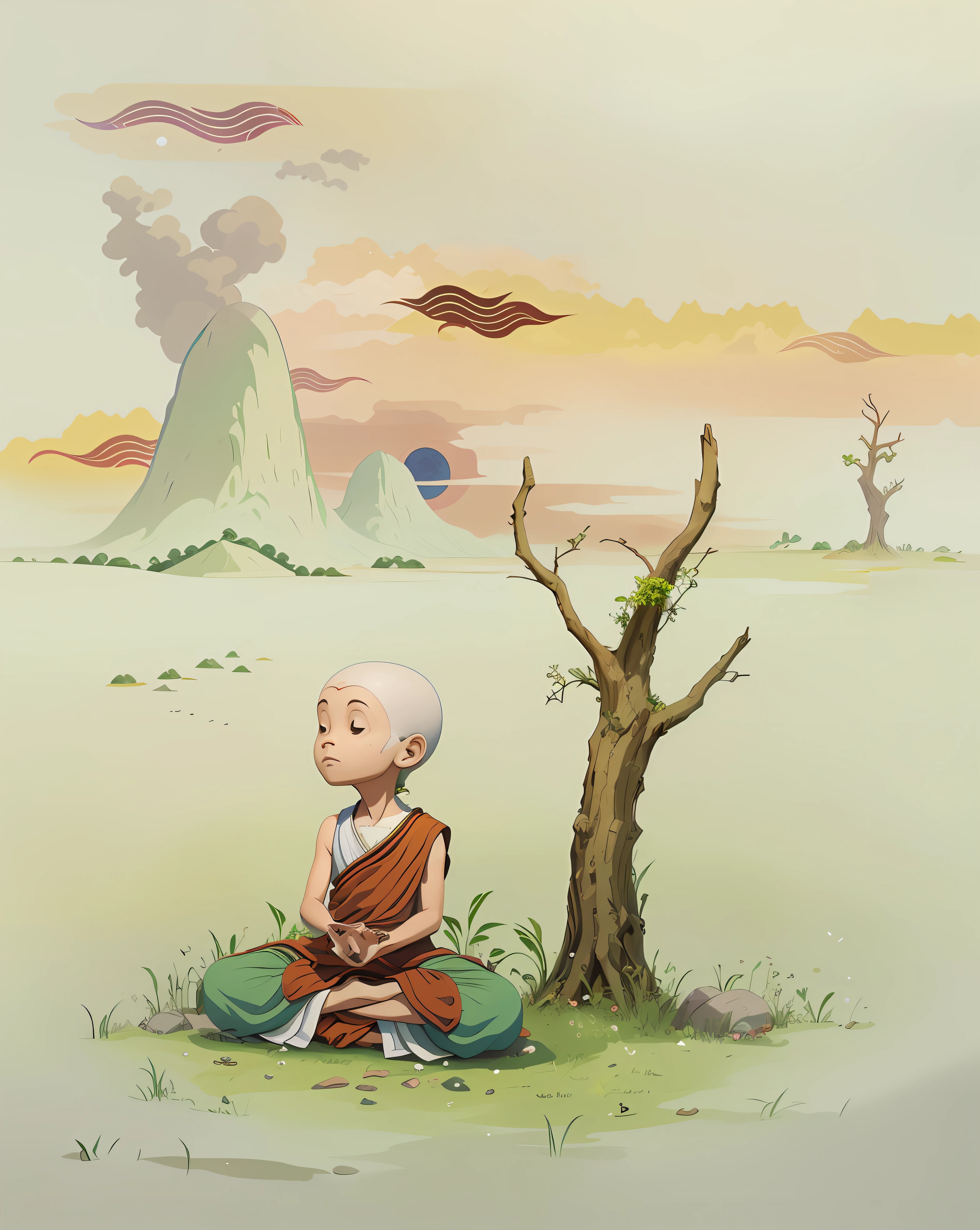Draw a monk sitting in a field，There is a tree and flying a kite, aang, monk meditation, serene illustration, inspirado em Goro Fujita, avatar aang, concept art of a monk, A beautiful artwork illustration, Meditation, Meditating, inspired by Tosa Mitsuoki, Jumps, full-colour illustration, Buddhism, avatar landscape, um ciborgue meditando，Verism, Conceptual art, ray tracing, god rays, depth of field, ray tracing, film grain, Minimalism, Surrealism, Cubist Futurism, Renaissance, Minimalism, ray tracing, depth of field, god rays, film grain, retina, best quality, 8k, super detail, 16k, super detail, ccurate, textured skin, anatomically correct, retina