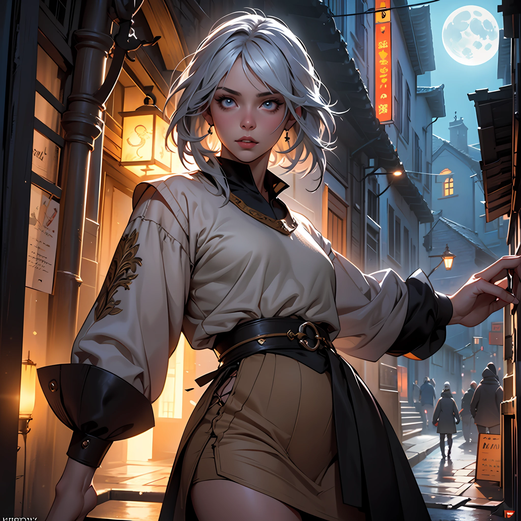 Highly detailed RAW color Photo, beautiful young girl, silver hair, tiny clothes with side-opened skirt, dynamic pose, (detailed skin), (detailed lips), (detailed eyes), (moonlight), (medieval:1.1), (medieval City setting) (detailed face), (small body), (petit body), (tiny body), detailed eyes, depth of field, soft lighting, masterpiece, best quality, intricate, particle effects, raytracing, tone mapped, highly detailed, concept art, smooth, sharp focus, dramatic lighting, highly detailed artwork, cinematic, hyper realistic painting, trending on Artstation, 8K, incredible shadows, realistic, (highly detailed background:1.2), art by midjourney --auto