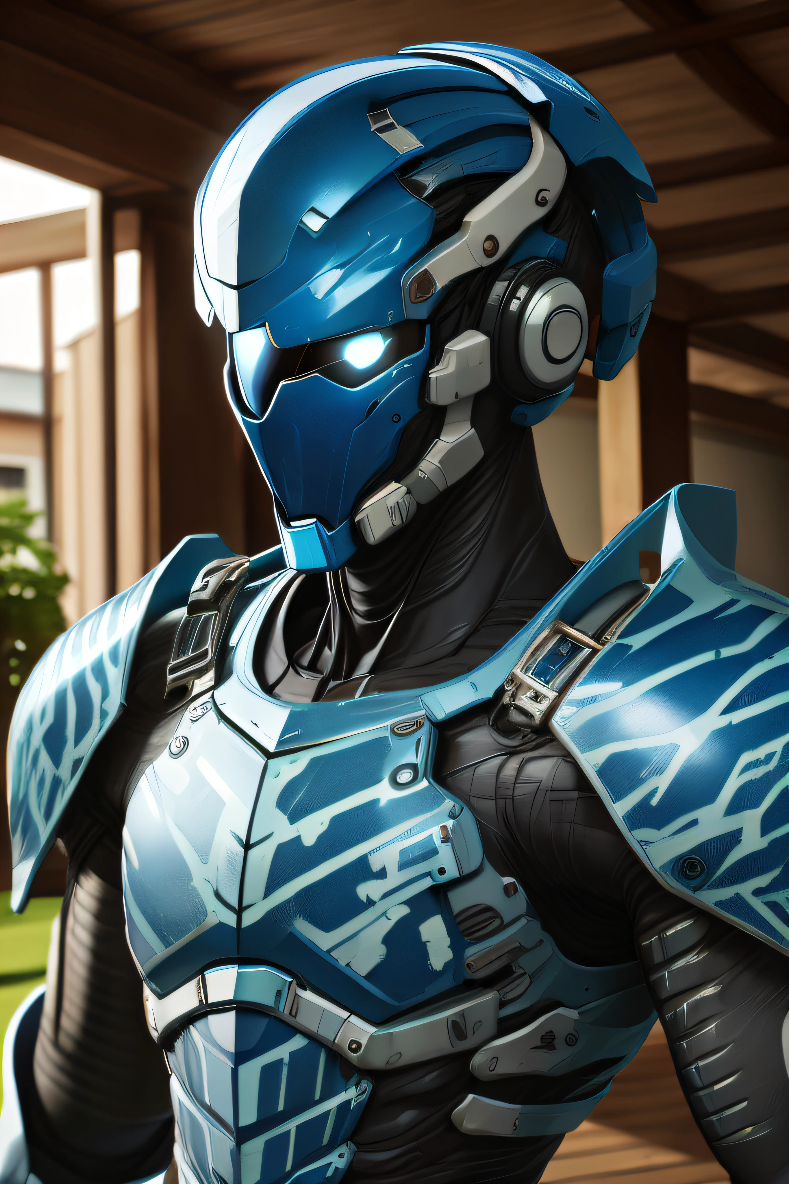 masterpiece, best quality,1boy,armorsuit,upper body, looking at viewer, Honolulu Blue armor,