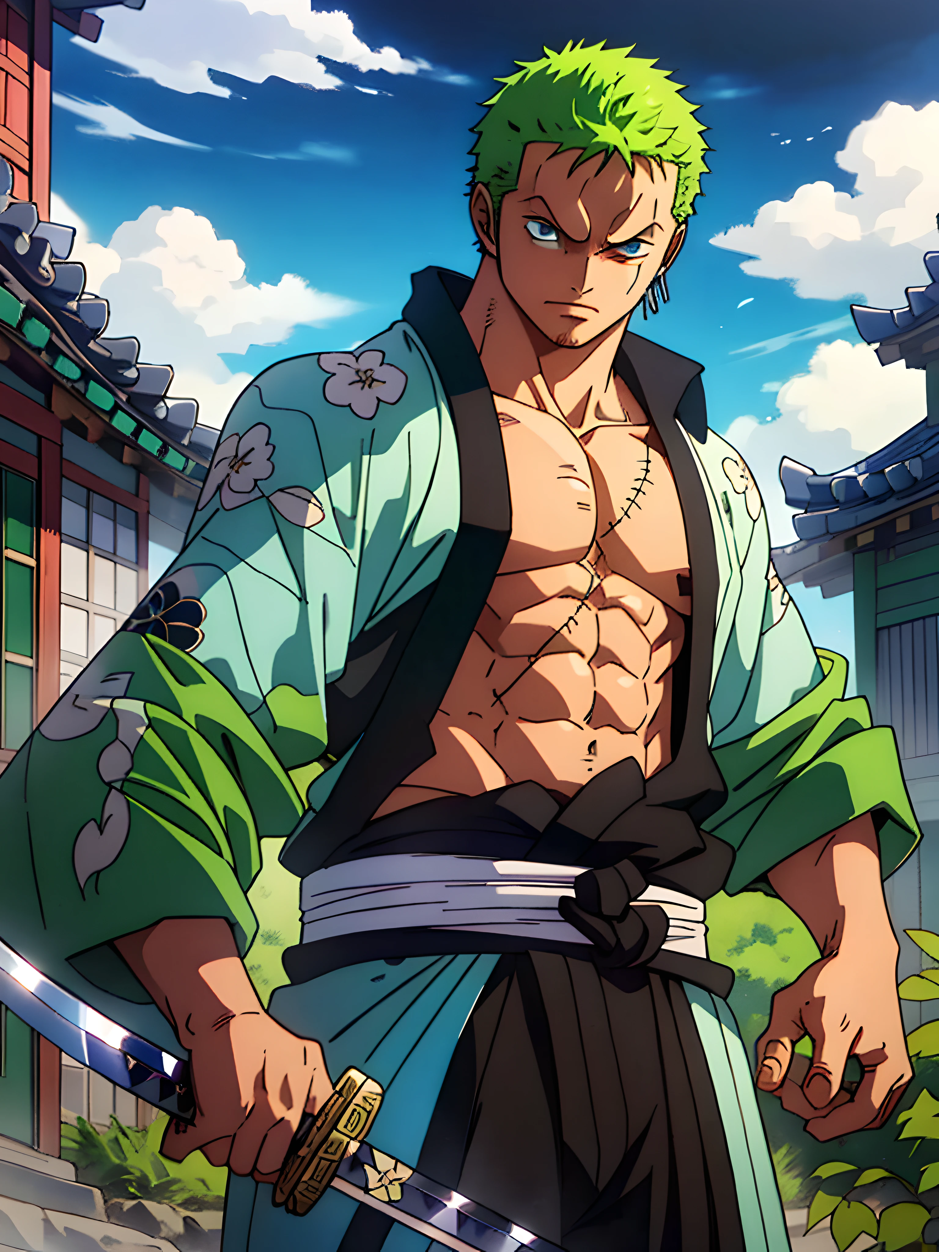 Roronoa Zoro (Masterpiece, 4k resolution, ultra-realistic, very detailed), (Theme of white samurai, charismatic, there is a swordsman next to a Japanese "isakaya" bar, wearing a blue kimono with cloud details on the "obi" track, he is commander of the first division of the leader of the mugiwara band, work "One Piece"), [ ((19 years), (short green hair:1.2),  full body, (blue eyes:1.2), ((Roronoa Zoro's pose), show of strength, unsheathing with one hand his katanas enma), ((Japanese rural environment):0.8)| (rural landscape, at dusk, dynamic lights), (blinded sun)), 1 katana]. # Explanation: Prompt mainly describes a 4k painting of ultra-high definition, very realistic, very detailed. It shows a swordsman, master of the Santoryu style of katanas, wearing a blue kimono with cloud details at the waist band. The subject in the painting is a subject of a white swordsman, holding with one hand his black katana enma, the male protagonist has short green hair, is 19 years old and his entire defined body is shown in the painting, with characteristics of pumped endomorph.