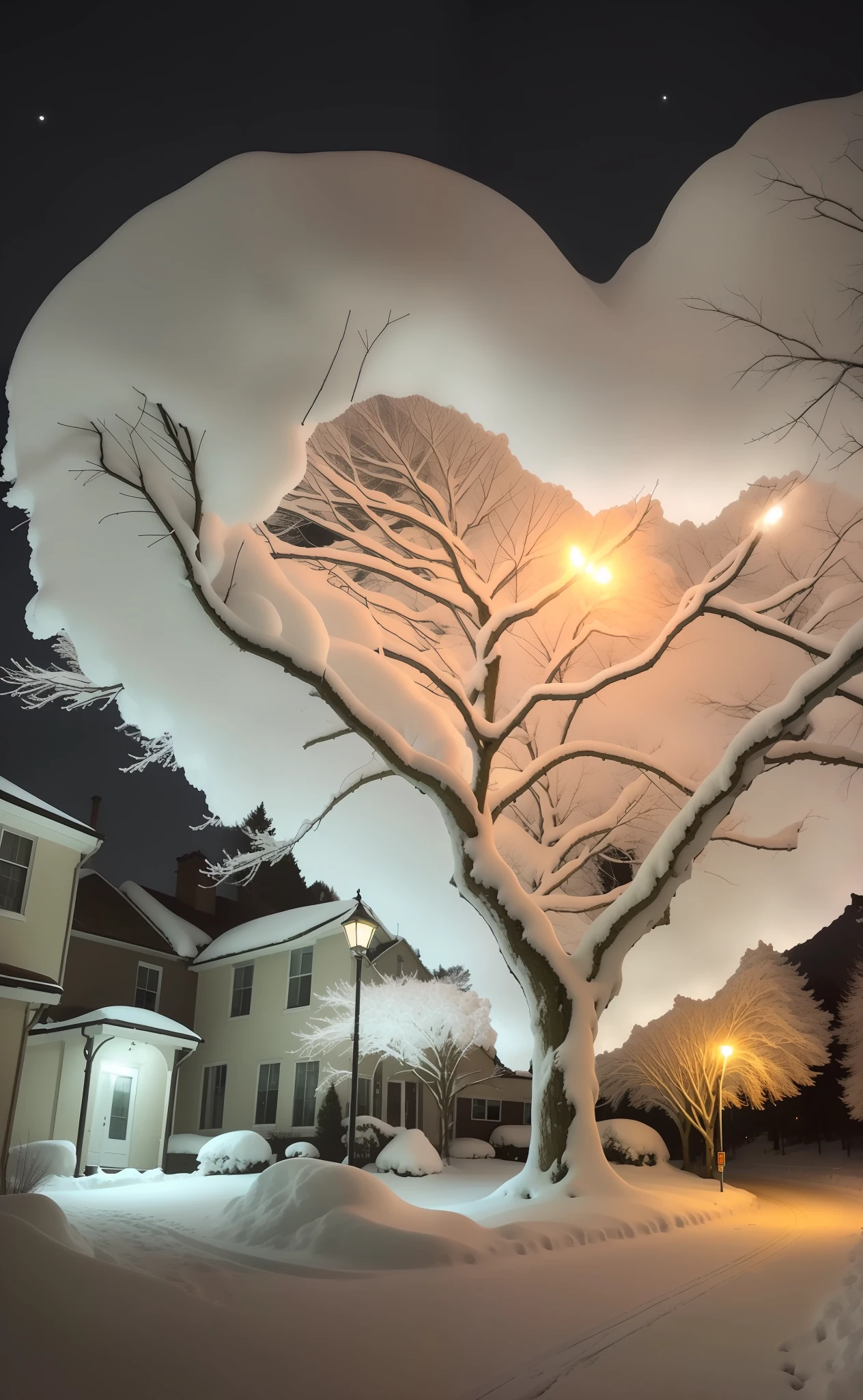 Snowy night view,There is a heart-shaped tree in the middle of the road, breath - taking beautiful trees, breath-taking beautiful trees, Magical tree, A beautiful tree, amazing lighting effect, giant white tree, Unbelievably beautiful, Beautiful trees, extremely beautiful lighting, beautiful image ever created, weird alien trees, glowing veins of white, Amazing, beautiful art, glowing snow