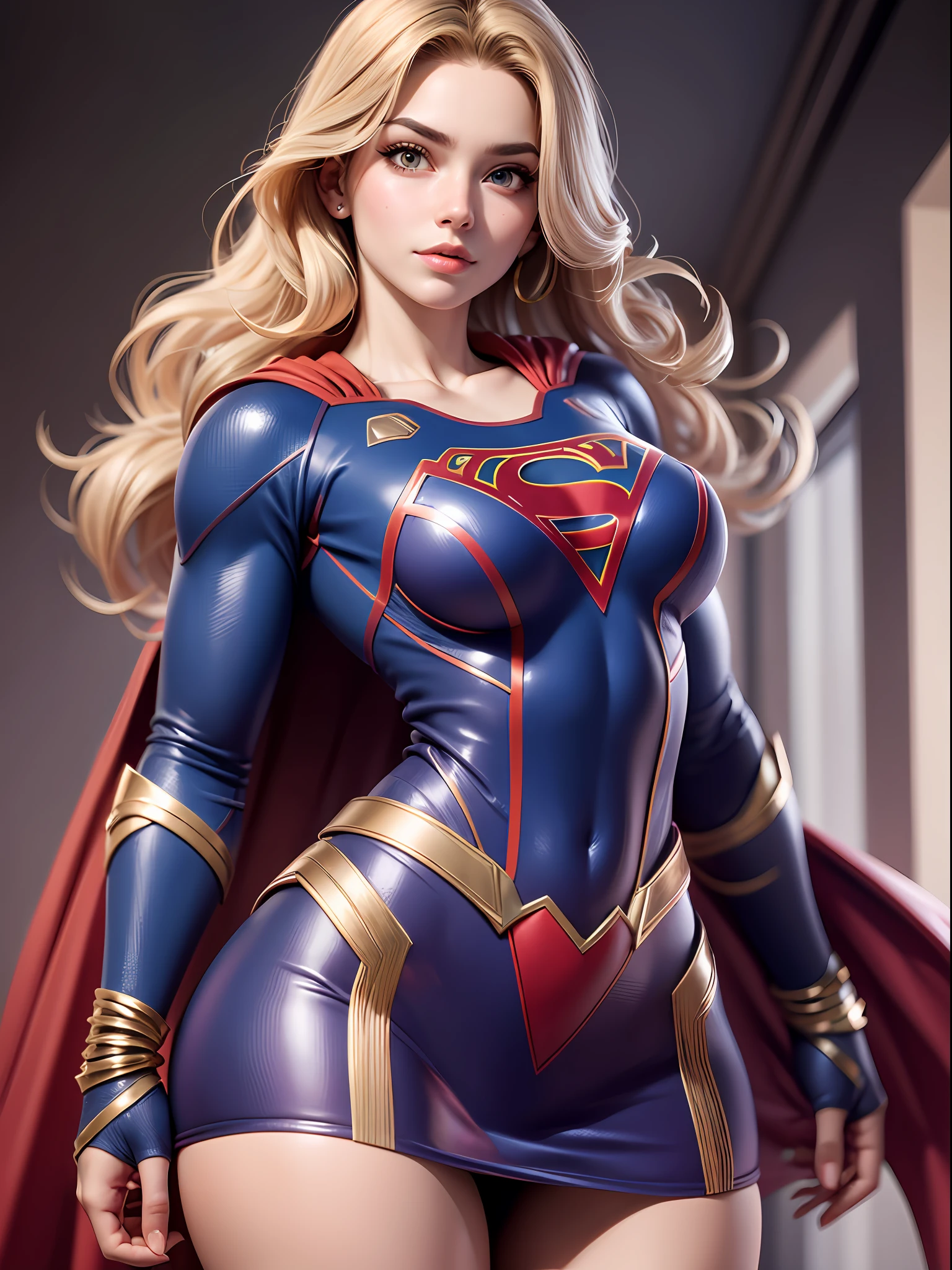 1sexy girl, vestindo traje de supergirl rasgado, voando, corpo firme, cabelos loiros, olhos azuis brilhantes, pose sensual.