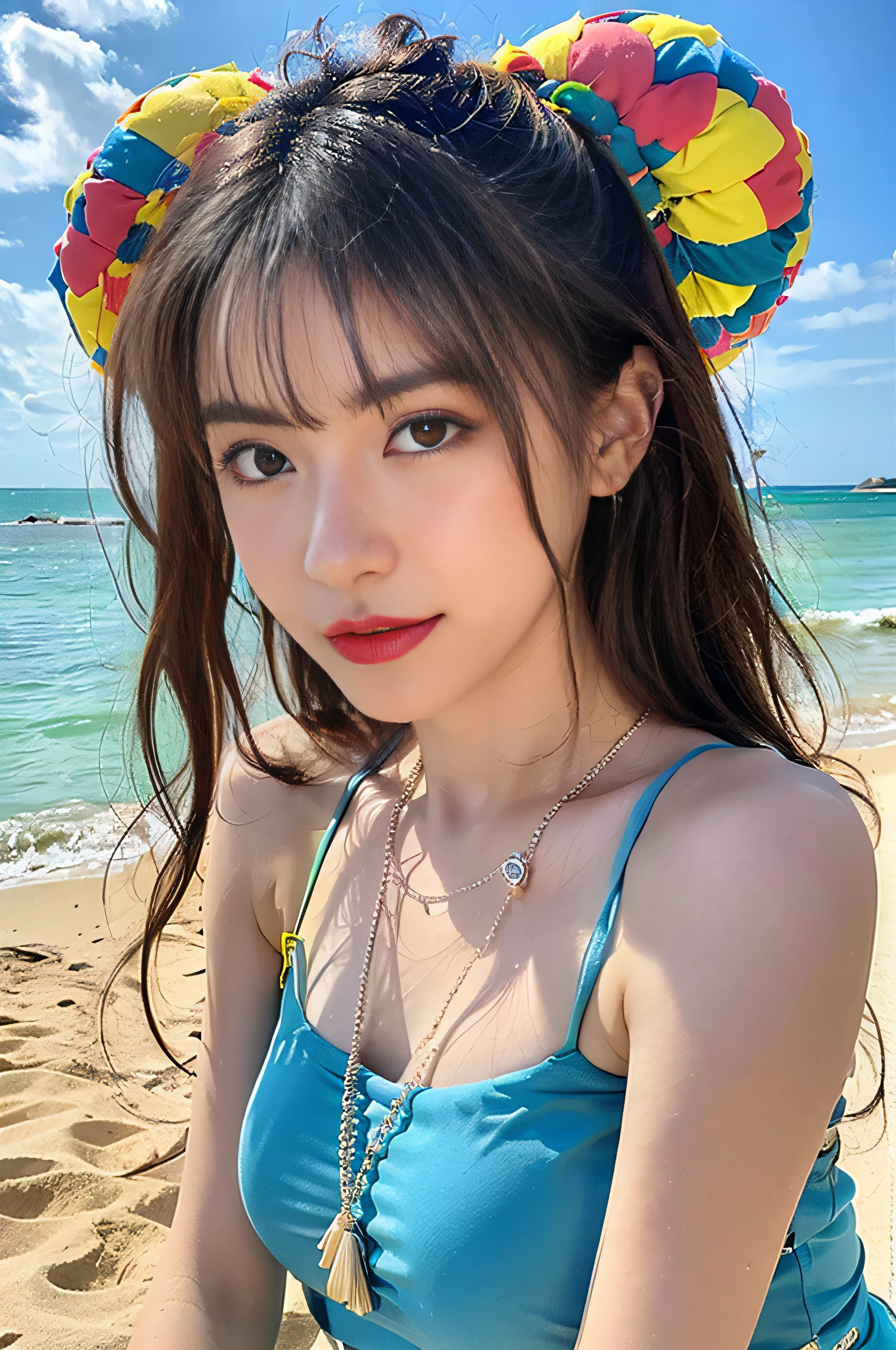 (8K, RAW photogr, Photorealistic:1.25),1girll,sandbeach,blue-sky,baiyun,Pose, (beachside:1.5),Rainbow color slip dress,Rainbow color necklace,(of a real:1.4),conservative girl