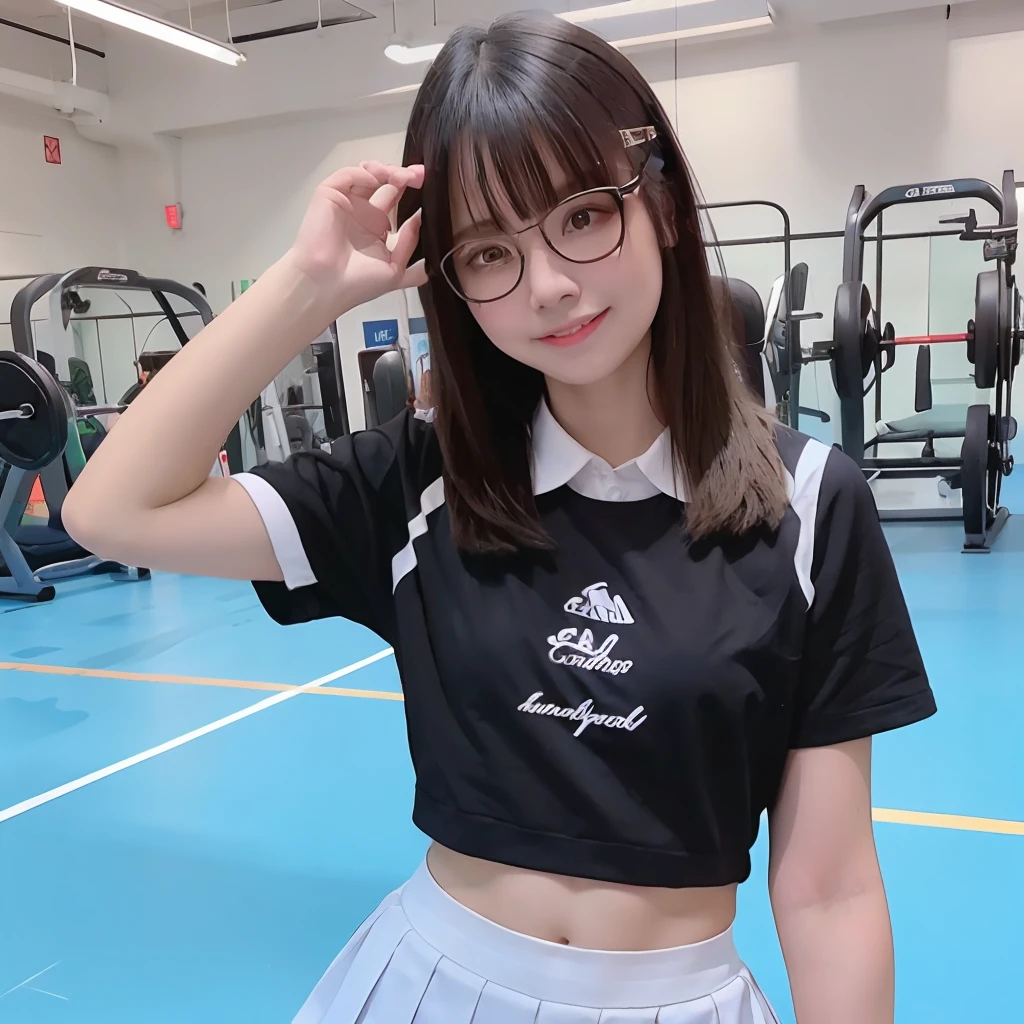 Spectacled schoolgirl with exemplary physique(nffsw)Long straight hair School-designated gym clothes(Blue T-shirt)(Black shorts)In the school gym she sees me and smiles happily.