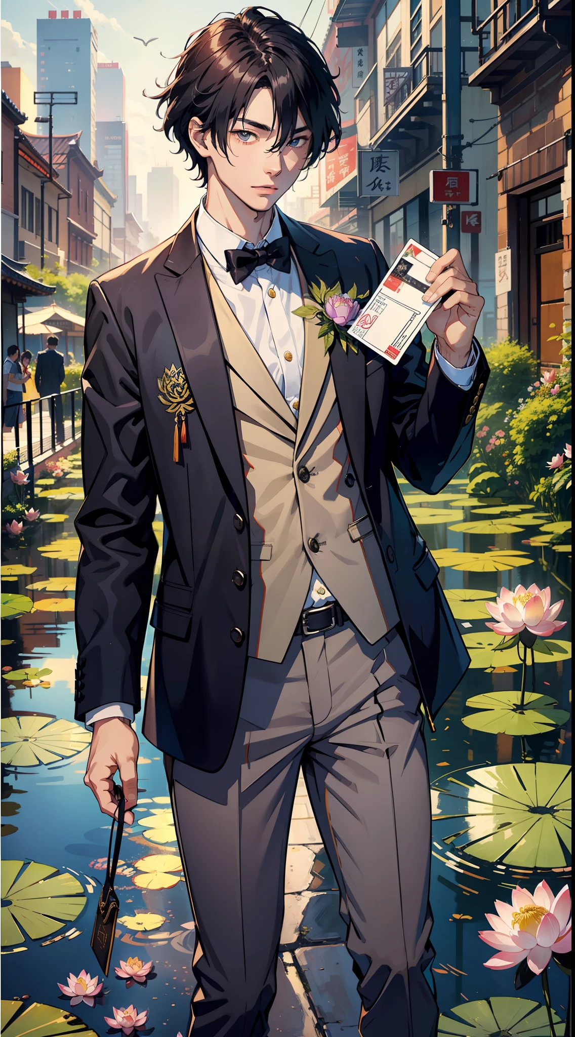 A 19-year-old man,Handsome and handsome,Chairman。Holding a black VIP card in his hand,There is a rainbow overhead,Take a steady pace,(Lotus flowers bloom under your feet:1.2),outside,urban backdrop,(Rainbow in background:1.4),tmasterpiece,4K,8K,finedetail,超高分辨率,best qualtiy,k hd,intricately details,Large file size,Amazing,CG,Wallpapers,Master painting,