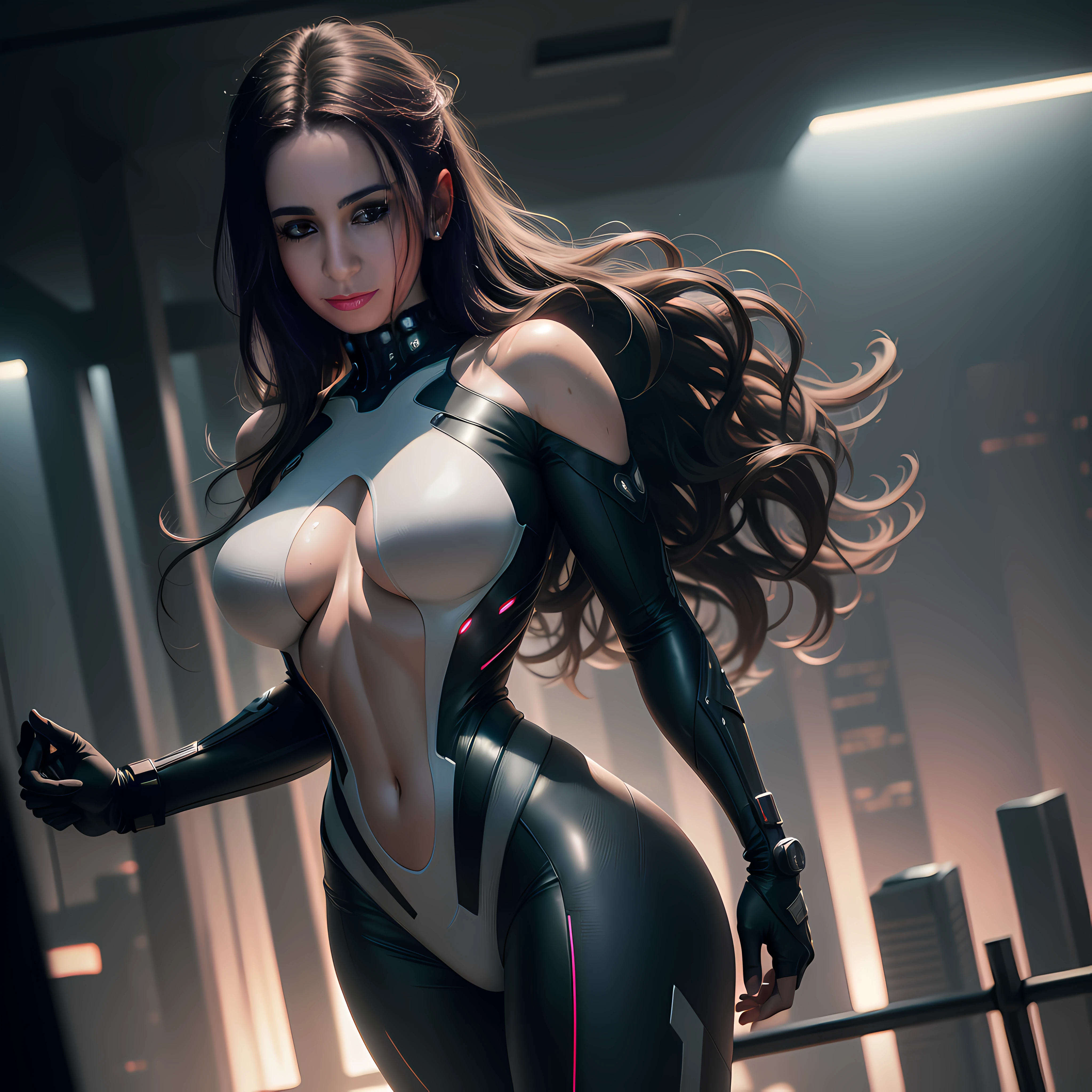 Full face portrait photo of a 23-year-old European girl, RAW, beautiful woman, half-open strawberry lips, dimples, wistful look, (extra long wavy brown hair), ((detailed face)), ((detailed facial features)), (finely detailed skin), pale skin, (in a deep neckline highly detailed sexy futuristic cyberpunk dress made of circuit boards, the megacity cyberpunk environment, neon lights, skyscrapers), (shirtless), ((in the gym)), soft natural light, wet skin, cyberpunk megacity environment, (cool colors), damp, reflections, (masterpiece) (perfect aspect ratio), (realistic photo), (best quality), (detailed) photographed on a Canon EOS R5, 50mm lens, F/2.8, HDR, (8k) (wallpaper) (cinematic lighting) (dramatic lighting) (sharp focus) (intricate), RAW photo, RAW photo, gigachad photo, posing for camera, black jeans, arms behind, 8k uhd, dslr, high quality, film grain, Fujifilm XT3, extremely detailed, photorealistic, realistic, incredibly absurd, highly detailed, sharp focus, (Professional Studio Lighting), (Professional Color Grading), Edge Lighting, Dramatic lighting, Cinematic lighting, Lumen reflections, Soft natural lighting, Soft color, Photon mapping, Radiosity, (Beautiful eyes), (Detailed eyes), (Detailed face), symmetrical eyes, sharp eyes, cold face, full body), (HIGH LEVEL OF DETAIL),(wet, oil-lubricated), (athletic body), (sweaty), thin waist, large breasts, (sperm in breasts), high detailed skin, uncharacterized texture, hyper detailed, realistic skin texture, armor, best quality, ultra high res, (photorealistic: 1.4) high resolution, detailed, raw photo, sharp re, by lee jeffries nikon d850 film stock photography 4 kodak portra 400 camera F1.6 Lens rich colors hyper realistic texture dramatic lighting UnrealEngine trend in Artstation Cinestill 800, veins in the body, (body and fitness). --Au