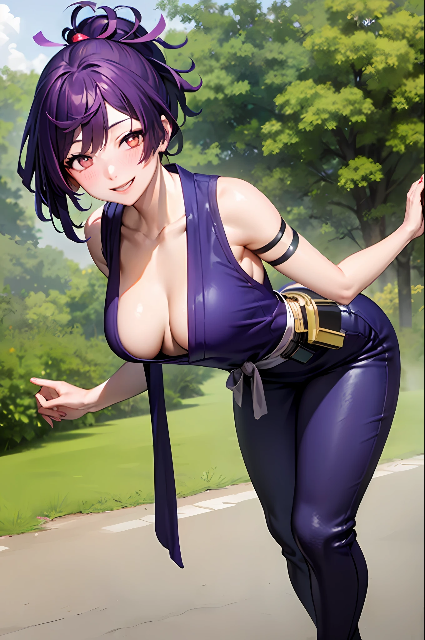 best quality, masterpiece, (leaning over:1.4),
1girl, yuzuriha_(jigokuraku), purple hair, brown eyes, ninja, open clothes, cleavage, small breasts, topknot, medium hair, breasts apart, seductive smile, pants, undressing, (blush:1.1), japanese exterior, temple,