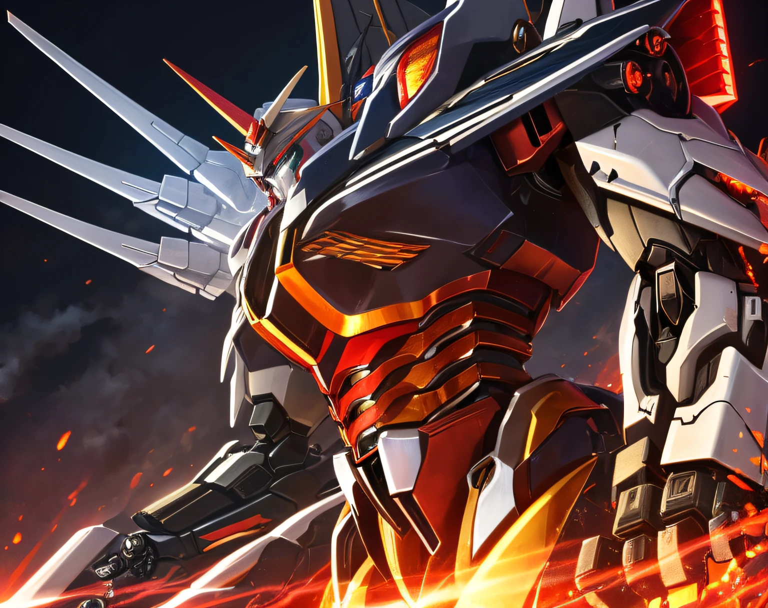 no humans, (Mecha:1.5), Black armor, (red trim:1.3), battoujutsu stance, (high detail smoke), (wind:1.1), floating wings, best quality, ultra-detailed, masterpiece, beautiful lighting, intricate high detail, dark intense shadows, illustration, dramatic lighting, hdr, masterpiece, best quality, an extremely delicate and beautiful Mecha, Amazing, finely detail, Depth of field, extremely detailed CG illustration, original, extremely detailed wallpaper, looking at viewer, oil painting \(medium\), Perfect details, detailed light, sle, mksks style, detailed background