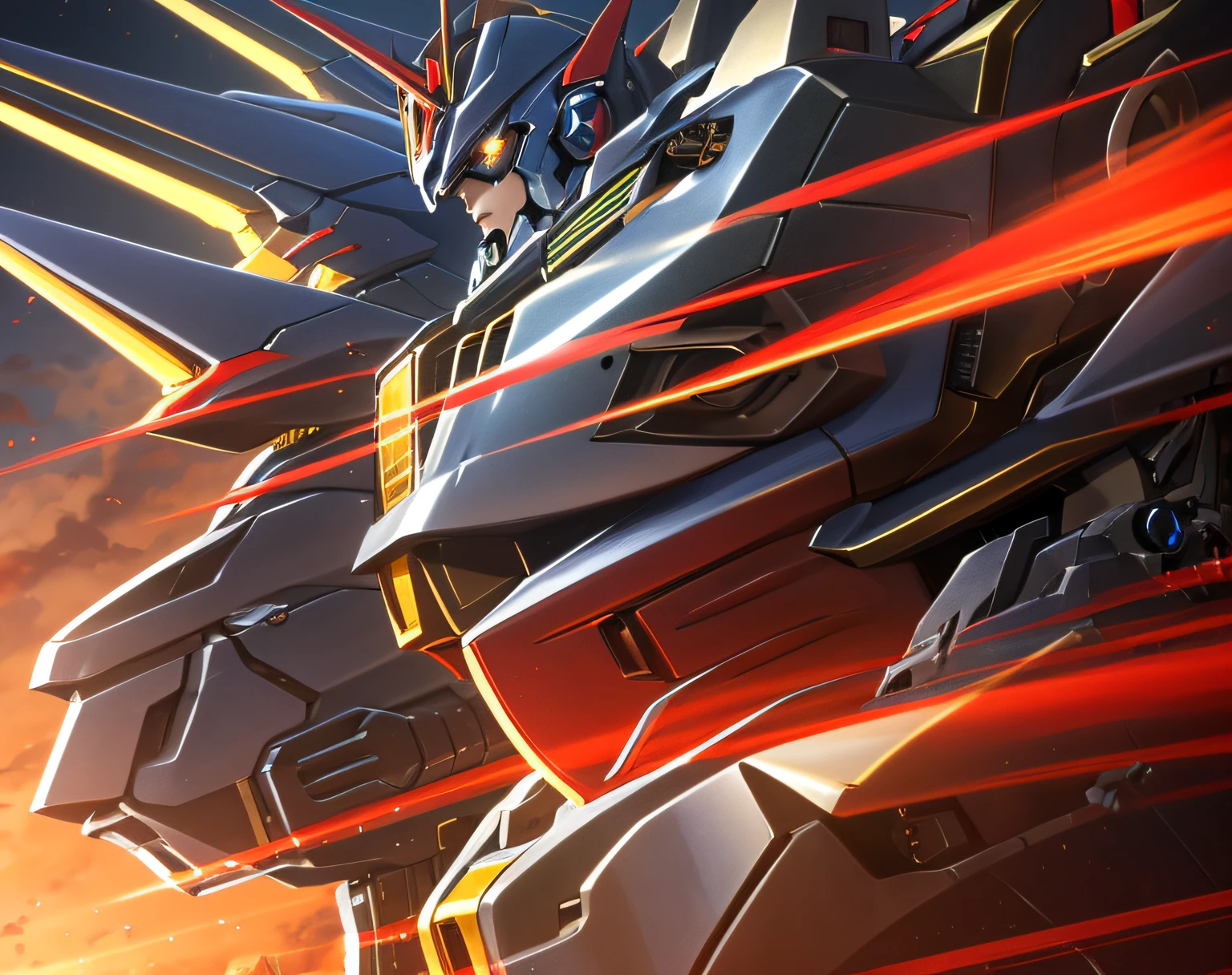 no humans, (Mecha:1.5), Black armor, (red trim:1.3), battoujutsu stance, (high detail smoke), (wind:1.1), floating wings, best quality, ultra-detailed, masterpiece, beautiful lighting, intricate high detail, dark intense shadows, illustration, dramatic lighting, hdr, masterpiece, best quality, an extremely delicate and beautiful Mecha, Amazing, finely detail, Depth of field, extremely detailed CG illustration, original, extremely detailed wallpaper, looking at viewer, oil painting \(medium\), Perfect details, detailed light, sle, mksks style, detailed background
