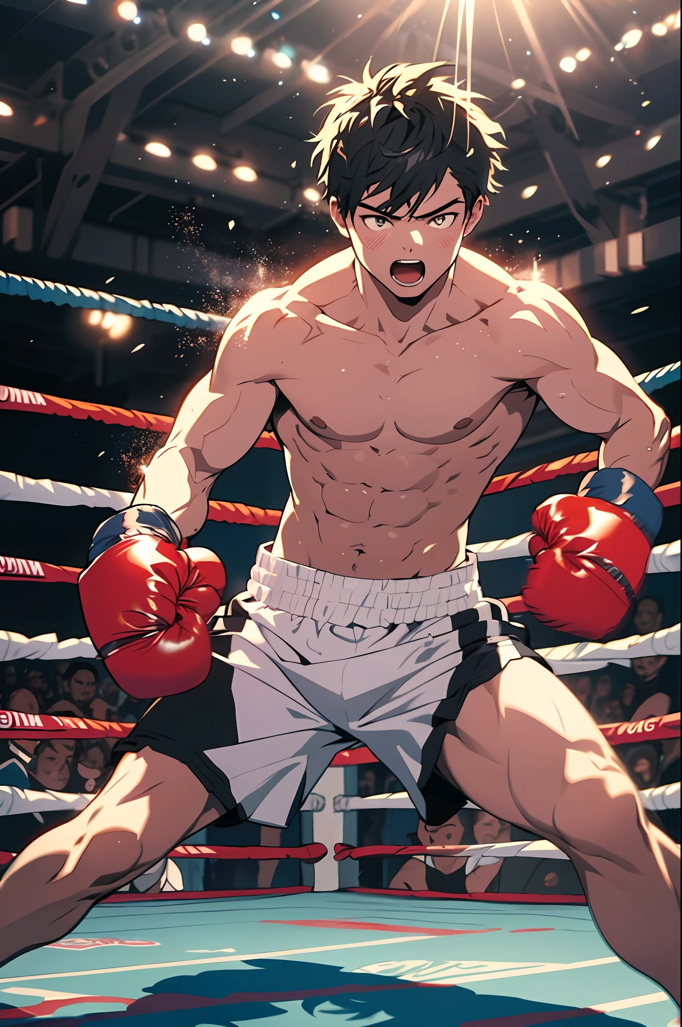  boy，The barefoot，boxer，boxing gloves，Punch your opponents,Intense exercise，No clothes on，Pastel tones，Abs，Acts of pursuing pleasure，，8K,Cinematic lighting effects，Textured skin，best qualtiy，Storytelling images，Storytelling images，dynamic blur，actionpose