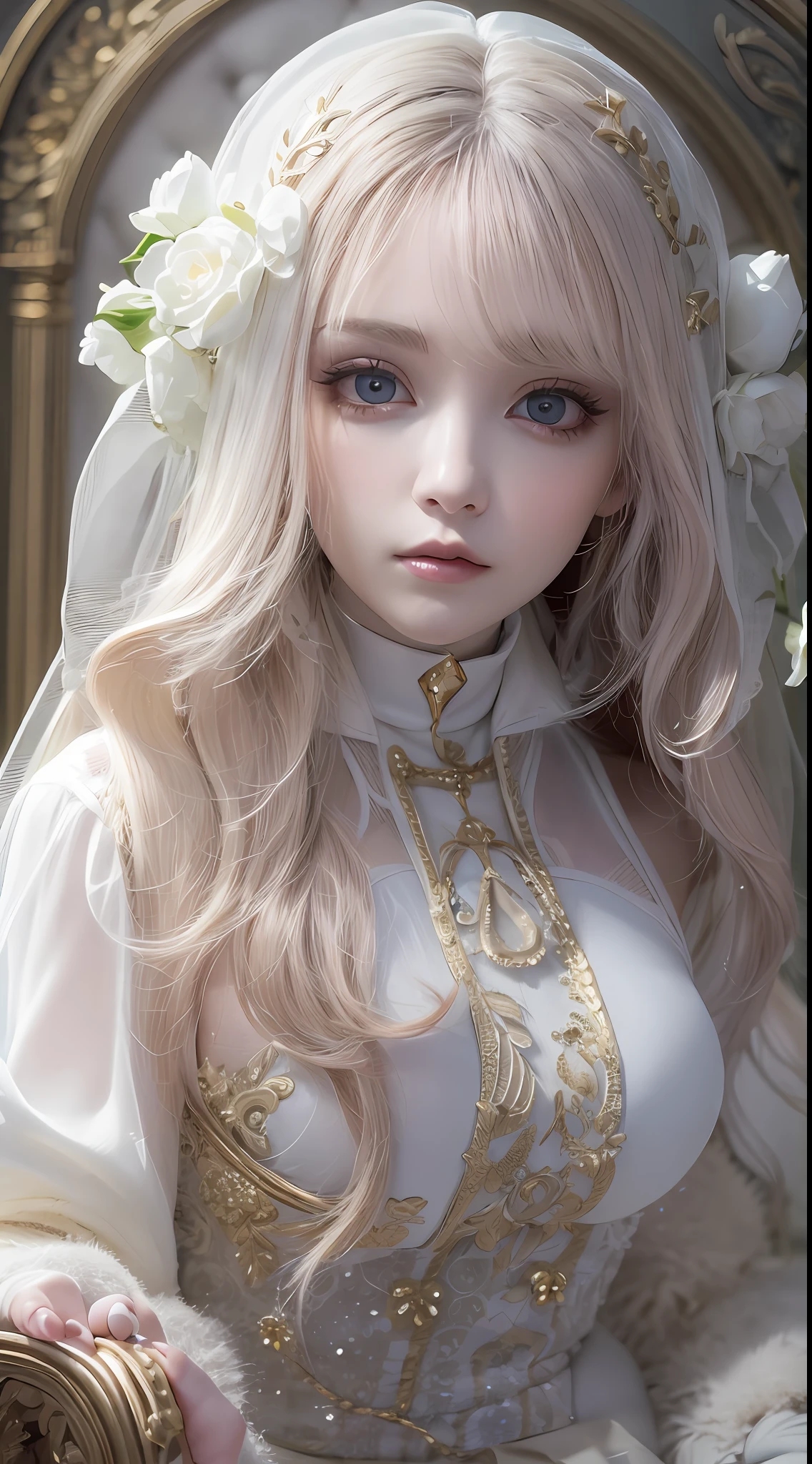 Close-up of a doll holding a book in a chair,fully body photo,The is very detailed,guweiz masterpiece, Guviz-style artwork, a stunning young ethereal figure, hall,dreamy and detailed, Ethereal!!! Ultra photo realsisim,lewd nun,A look of disdain,Lift up some skirts,Beth,ball jointed doll, white hime cut hairstyle,Has amazing deep eyes,Beautiful character painting,The Lost Book of Magic,white beautiful hair,There is a vine arabesque