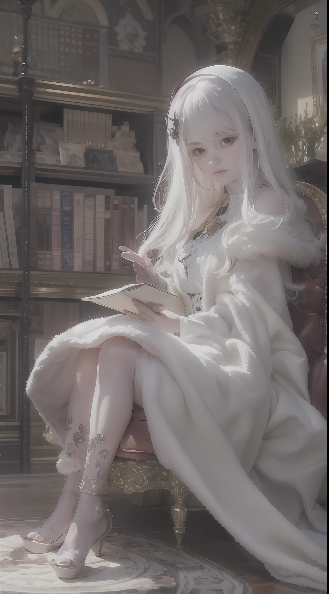 Close-up of a doll holding a book in a chair,fully body photo,The is very detailed,guweiz masterpiece, Guviz-style artwork, a stunning young ethereal figure, hall,dreamy and detailed, Ethereal!!! Ultra photo realsisim,lewd nun,A look of disdain,Lift up some skirts,Beth,ball jointed doll, white hime cut hairstyle,Has amazing deep eyes,Beautiful character painting,The Lost Book of Magic,white beautiful hair,There is a vine arabesque