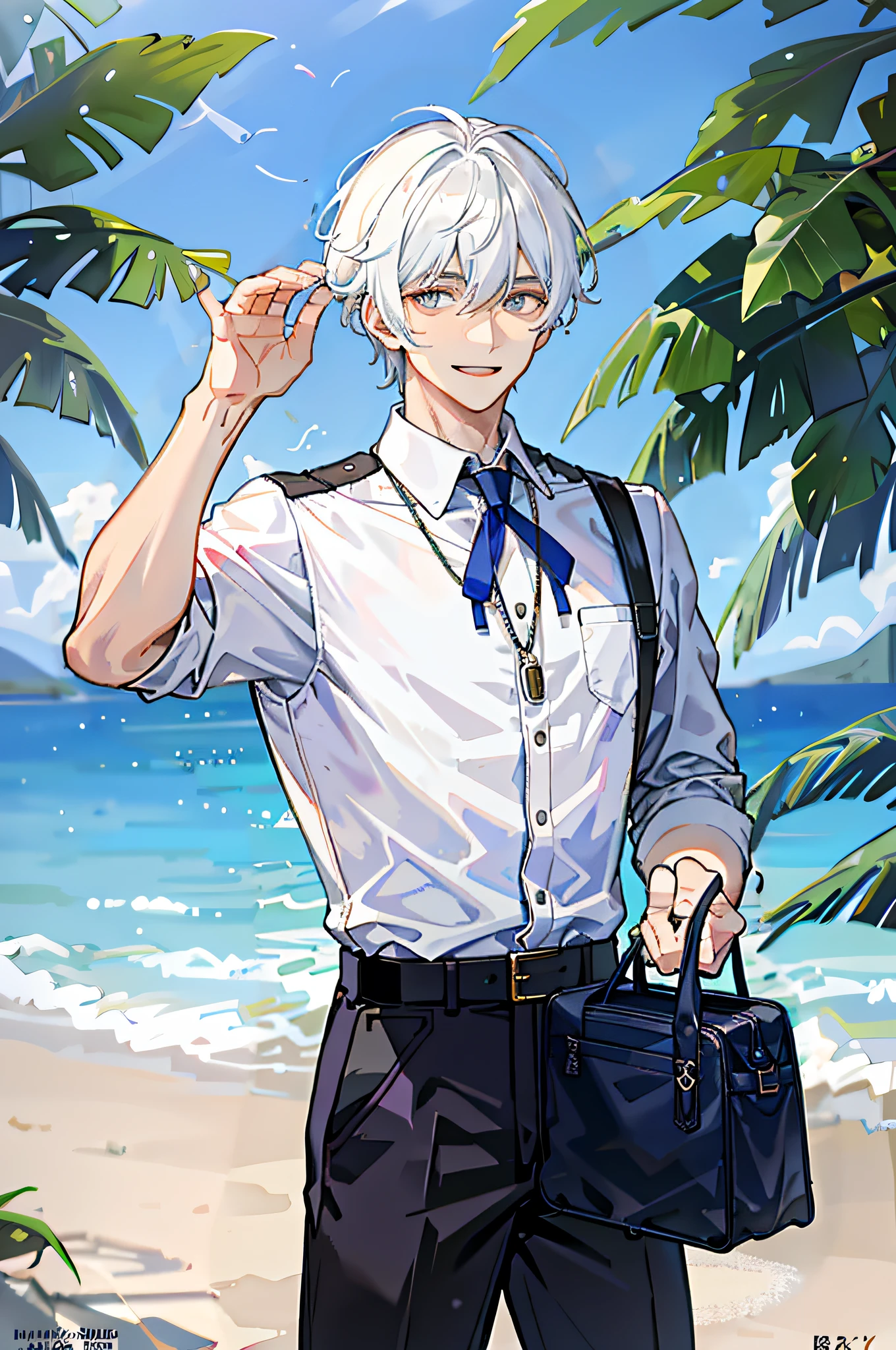 Very handsome boy，Handsome face，A hearty smile，White hair，Handsome hairstyle，Overall sunny and cheerful