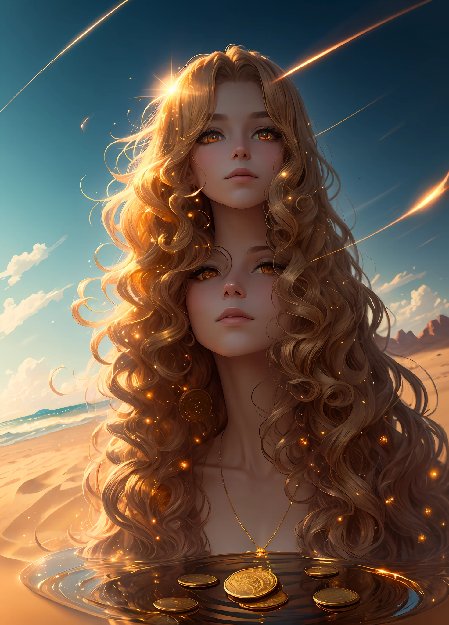Full shot body photo, illustration, cinematic light, fantasy, highest quality, best quality, masterpiece, (face fine), tall and sexy gold coin dress, sparkling sandy beach, floating embers, golden hair jewelry, golden light reflecting the sun's rays, (focus on body: 1.25), clear blue sky, desert and sea background, long curly hair, golden eyes release of magical energy , Dark Reflection, Light Reflection --s2