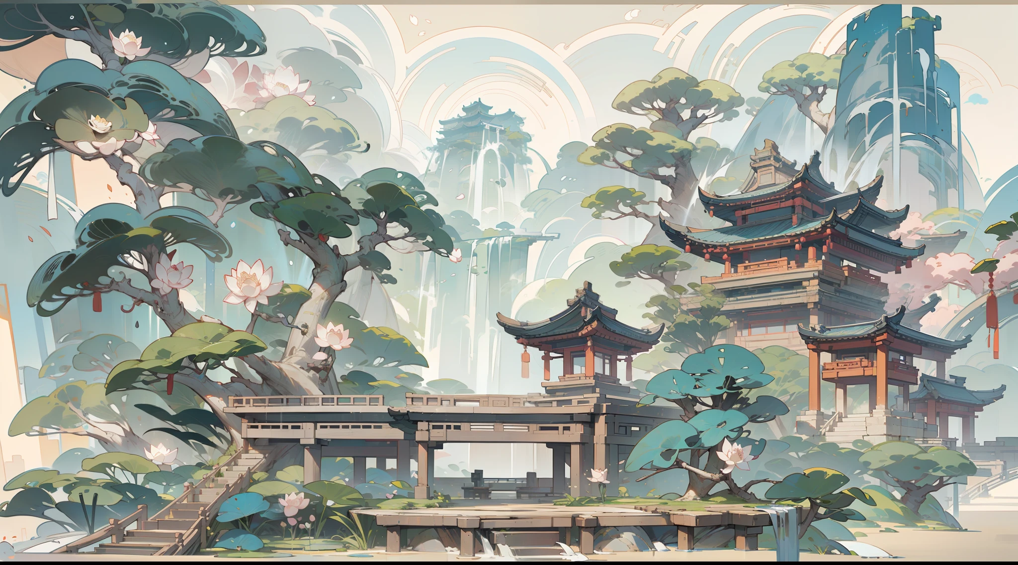 Antique game scene design，big trees，florals，Lotus architecture，Floating table，A blue sky，White cloud，Chinese ink painting OC rendering sculpture