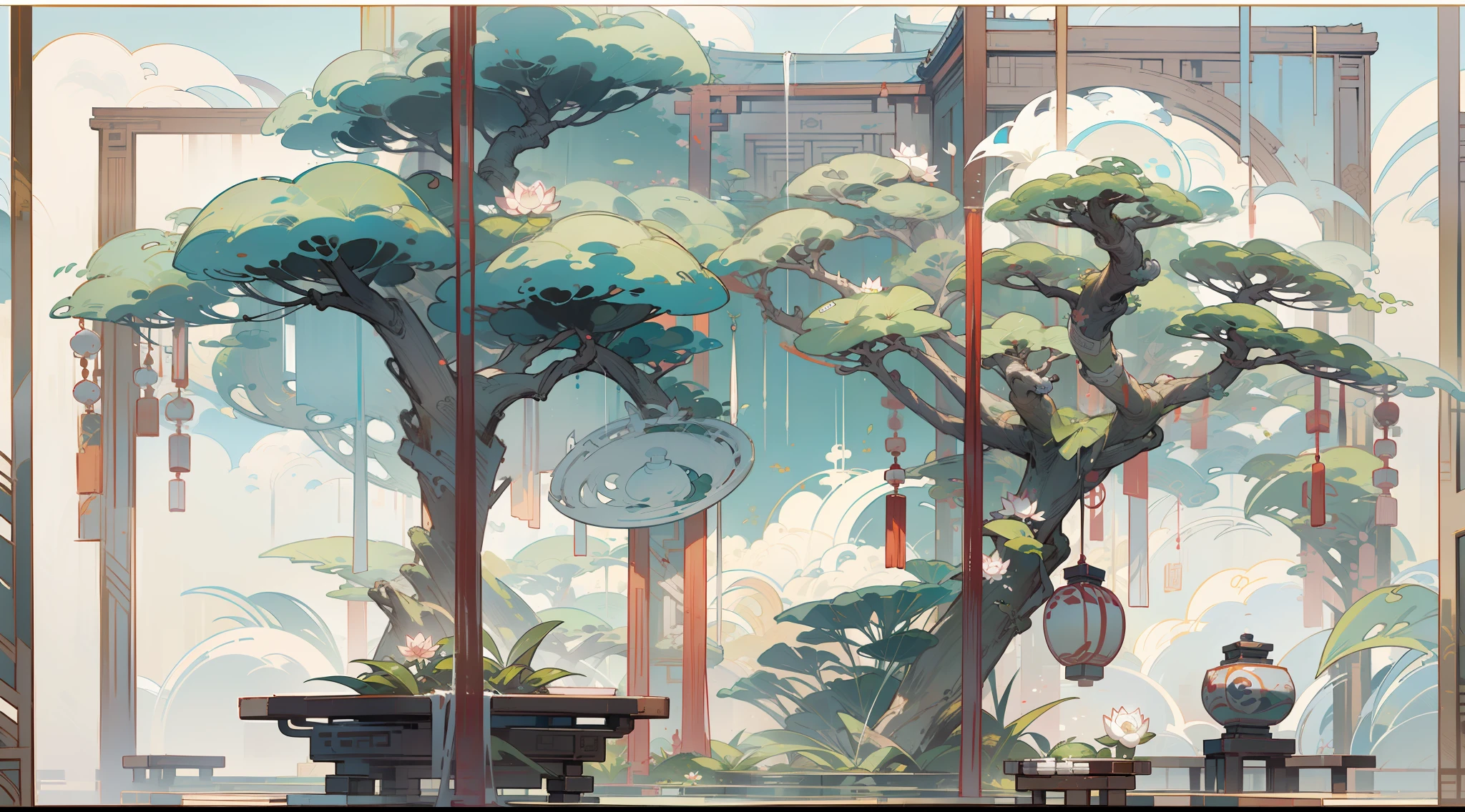 Antique game scene design，big trees，florals，Lotus architecture，Floating table，A blue sky，White cloud，Chinese ink painting OC rendering sculpture