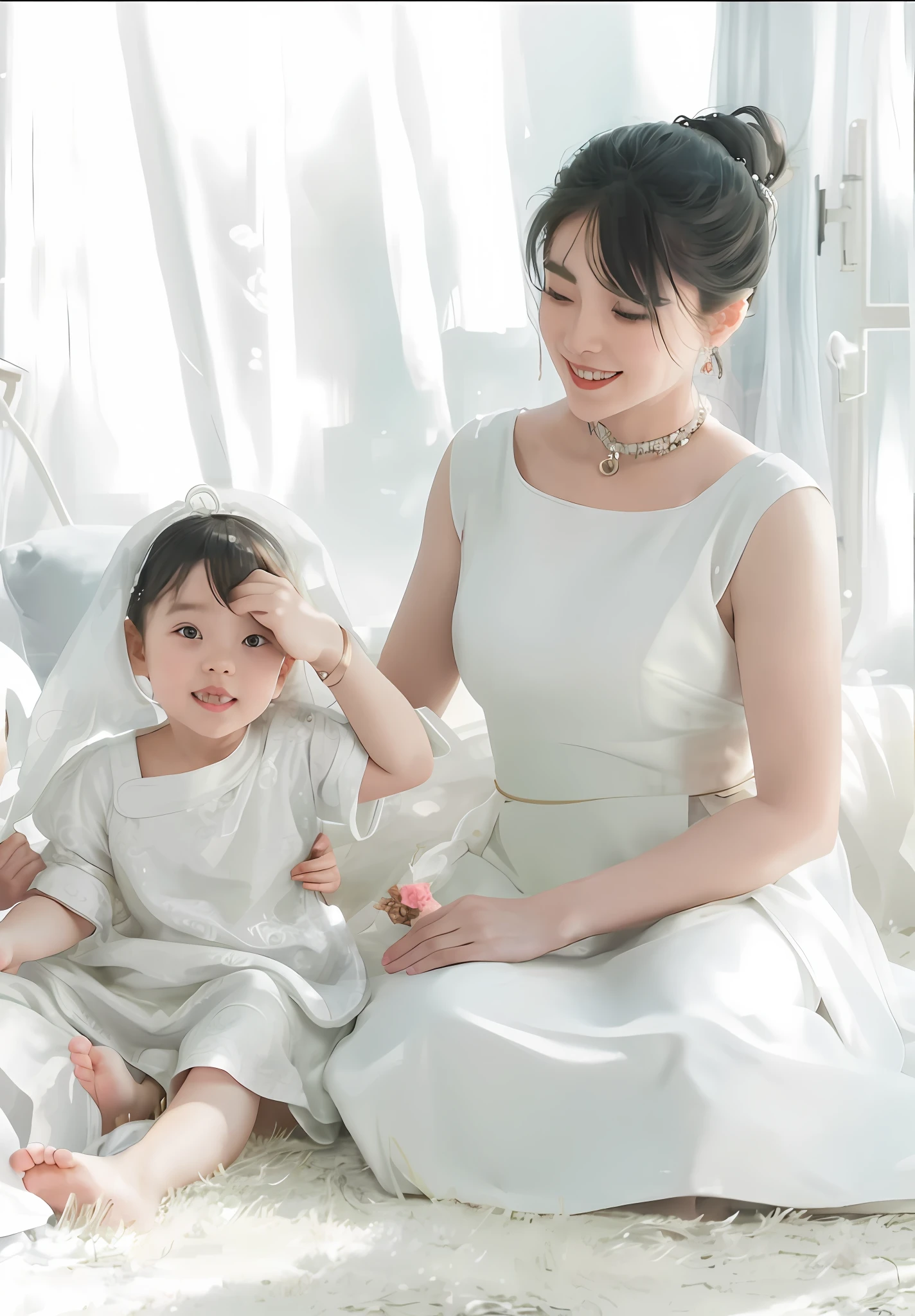 there is a woman and a sitting on a bed, White Hanfu, with a childring white clothes, maternal photography 4 k, 8K)), Mother, Guviz, white hime cut hairstyle, perfect android girl family, #overclocking, # overclocking, high quality portrait, with backdrop of natural light, Guviz-style artwork