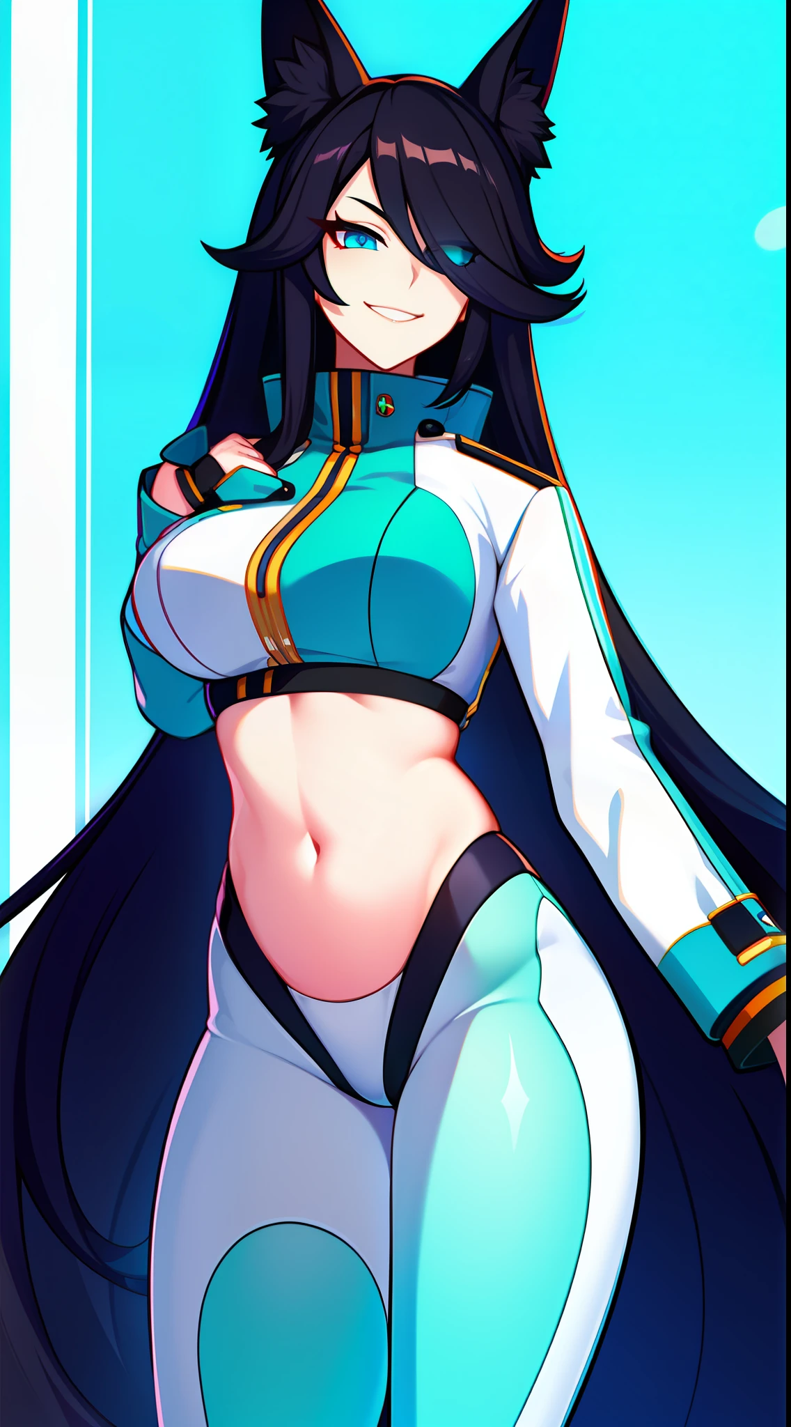 Tall girl, Long black hair, Fox ears, Cyan eyes, Combat uniform, open belly, smirk, Masterpiece, hiquality