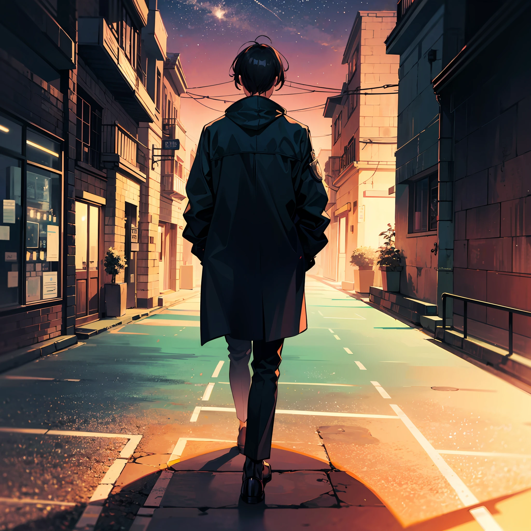 "A solitary figure strolling through a dimly-lit city street, gaze fixated upon the celestial canopy, yearning for the discovery of an affectionate connection." --auto